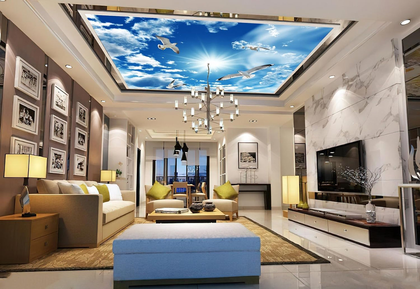 Blue Sky, White Clouds, Sunshine Seagull Ceiling Wall Mural Wallpaper 103" x 69"