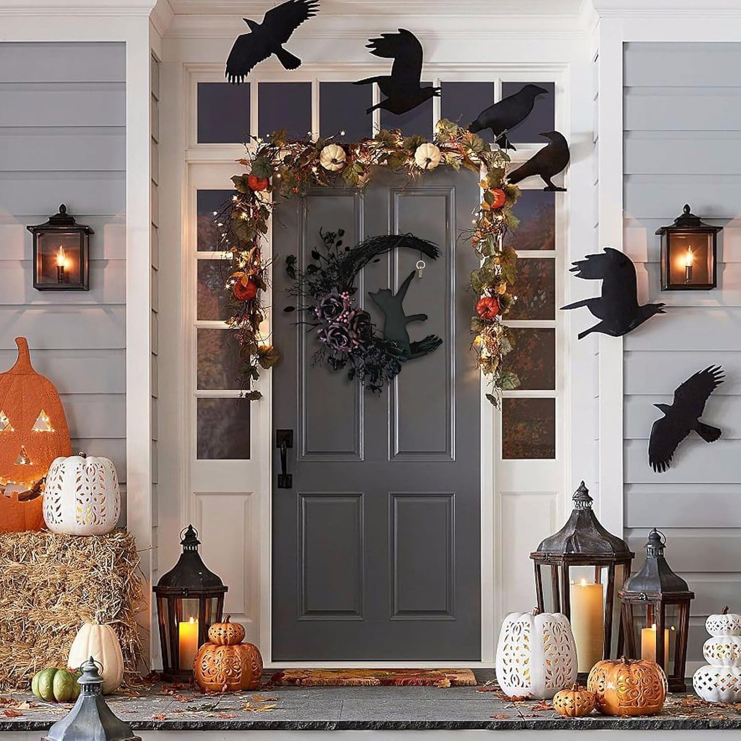 Halloween Wreaths for Front Door with Light, Black Cat on Moon Garland with Rose Wreath Decor, Halloween Decorations Crescent Moon Wreath for Home Party Window Wall Indoor Outdoor (black flower)
