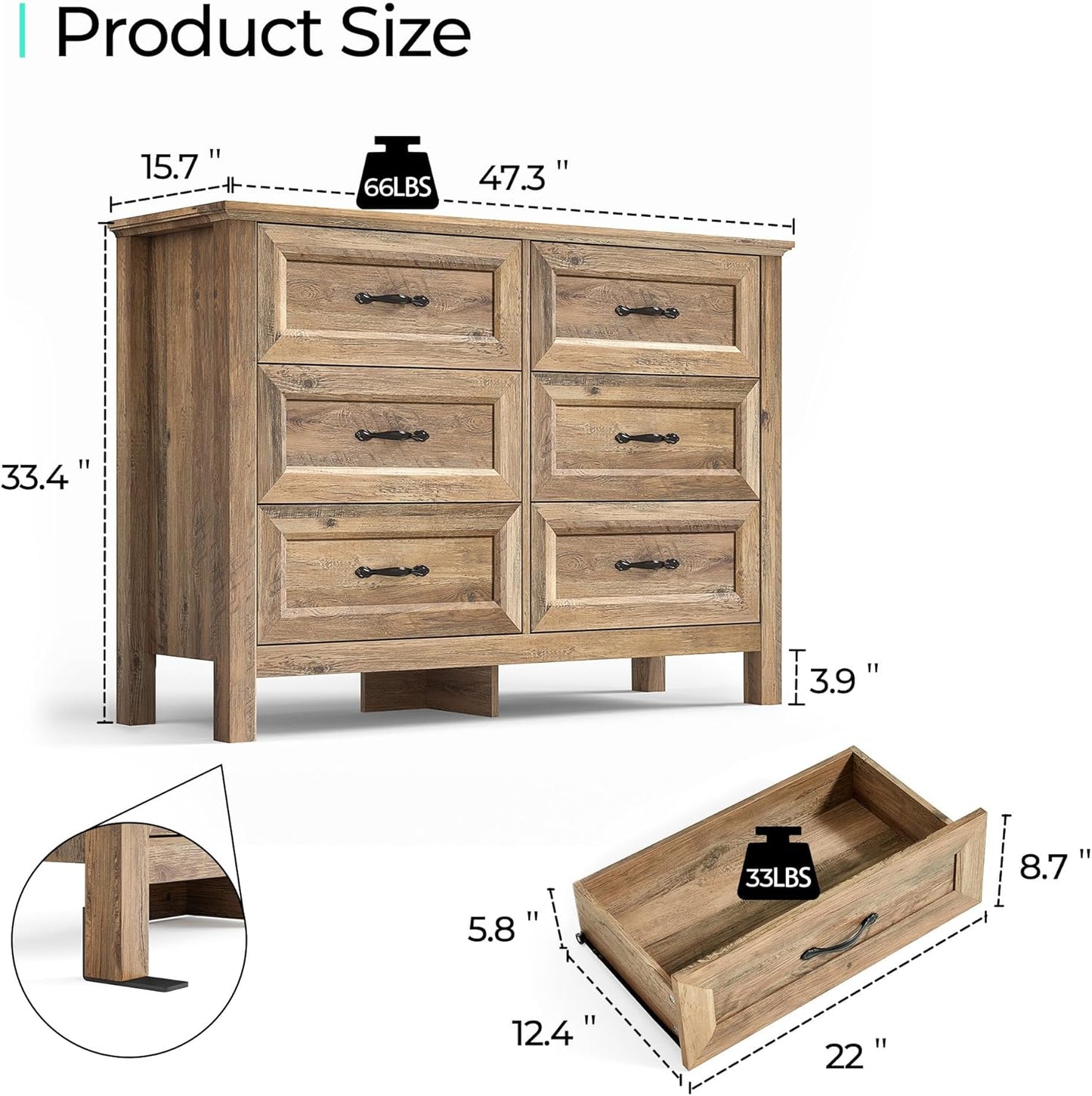 LINSY HOME 6 Drawer Double Dresser for Bedroom, Modern Farmhouse Wide Chest of Drawers, Dressers Organizer for Living Room, Closet, Hallway, Rustic Brown