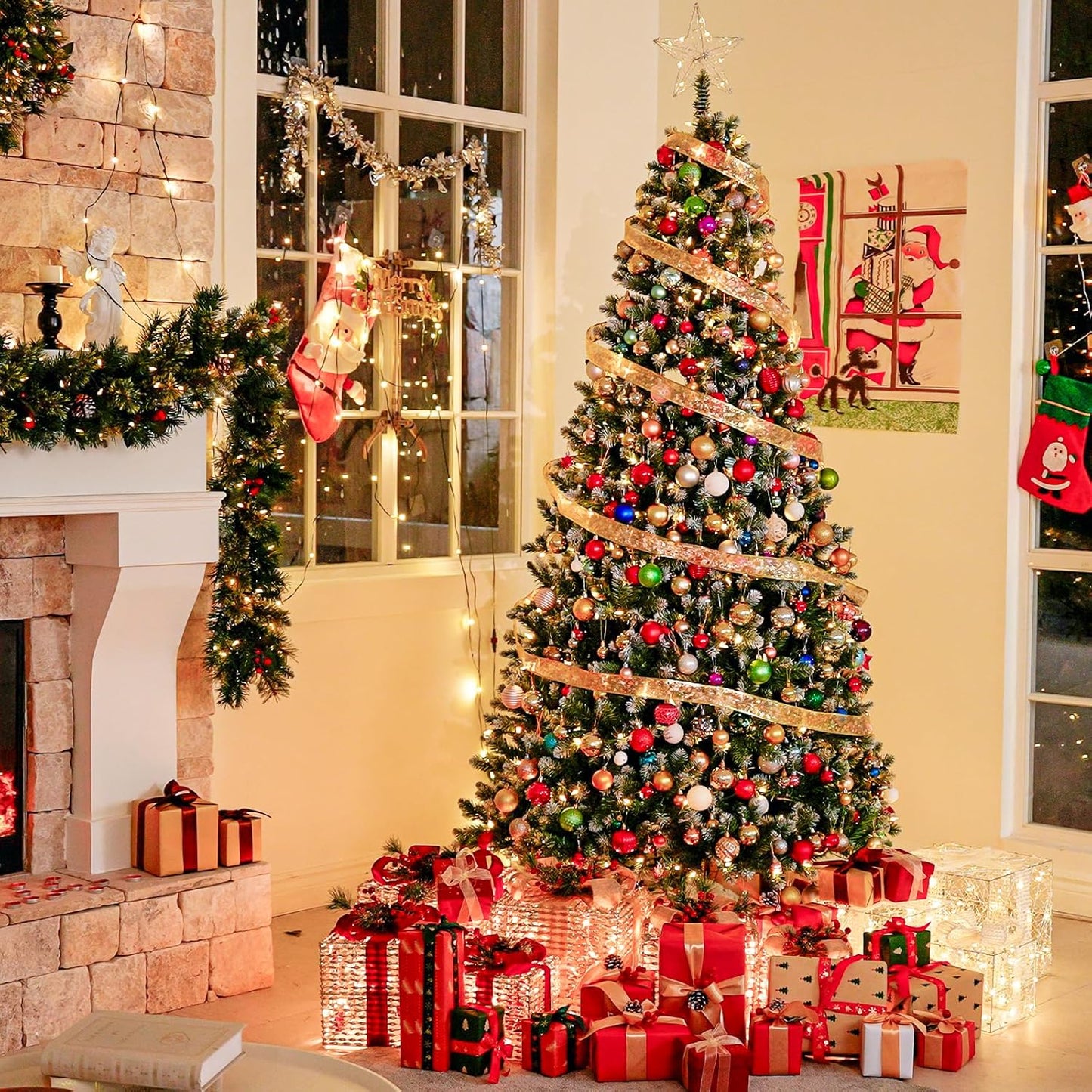 Hykolity 7.5 ft Prelit Christmas Tree, Artificial Christmas Tree with 350 Warm White Lights, 1446 Branch Tips, Metal Stand and Hinged Branches