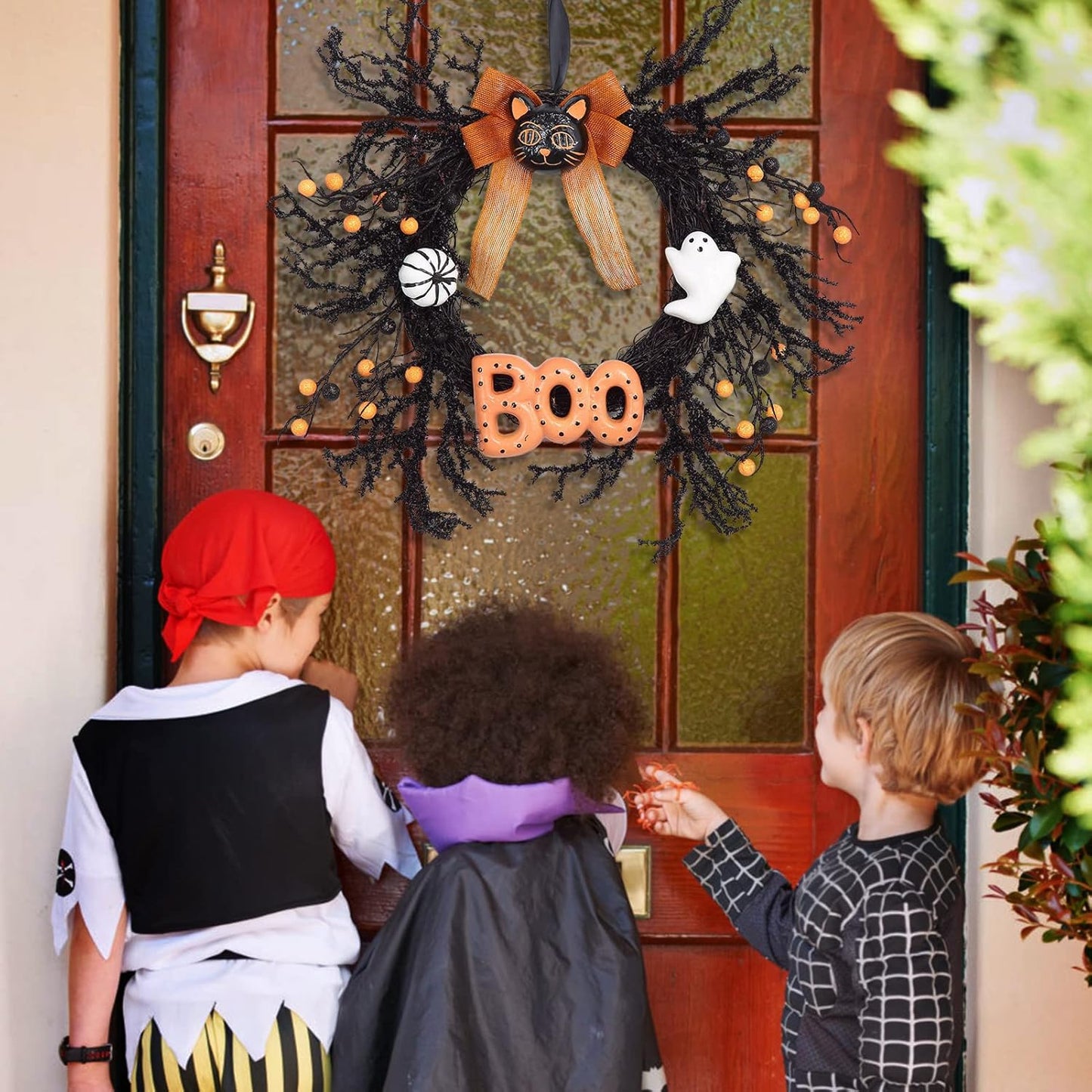 Adeeing Halloween Wreaths for Front Door, 18Inch Halloween Wreath with Black Cat Boo Sign White Pumpkin and Ghost for Indoor Outdoor Window Proch Halloween Decoration