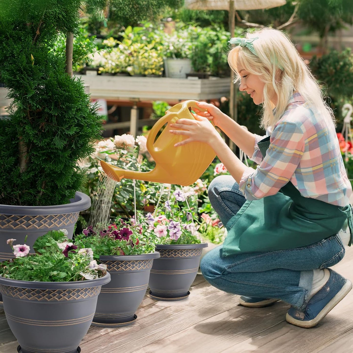 4 Pack 16 Inch Large Plant Pots, Plastic Flower Pot for Indoor & Outdoor with Drainage Holes & Saucer, Plaid Pattern Planters Garden Pots for Herbs Gold