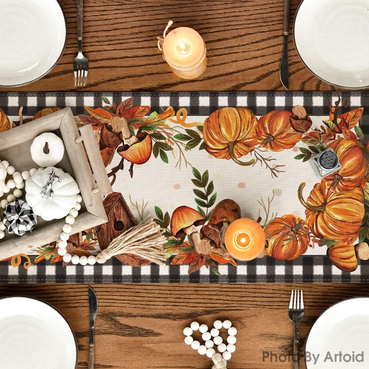 Artoid Mode Buffalo Plaid Pumpkins Mushrooms Birdhouse Leaves Table Runner, Seasonal Fall Harvest Vintage Kitchen Dining Table Decoration for Indoor Outdoor Home Party Decor 13 x 48 Inch