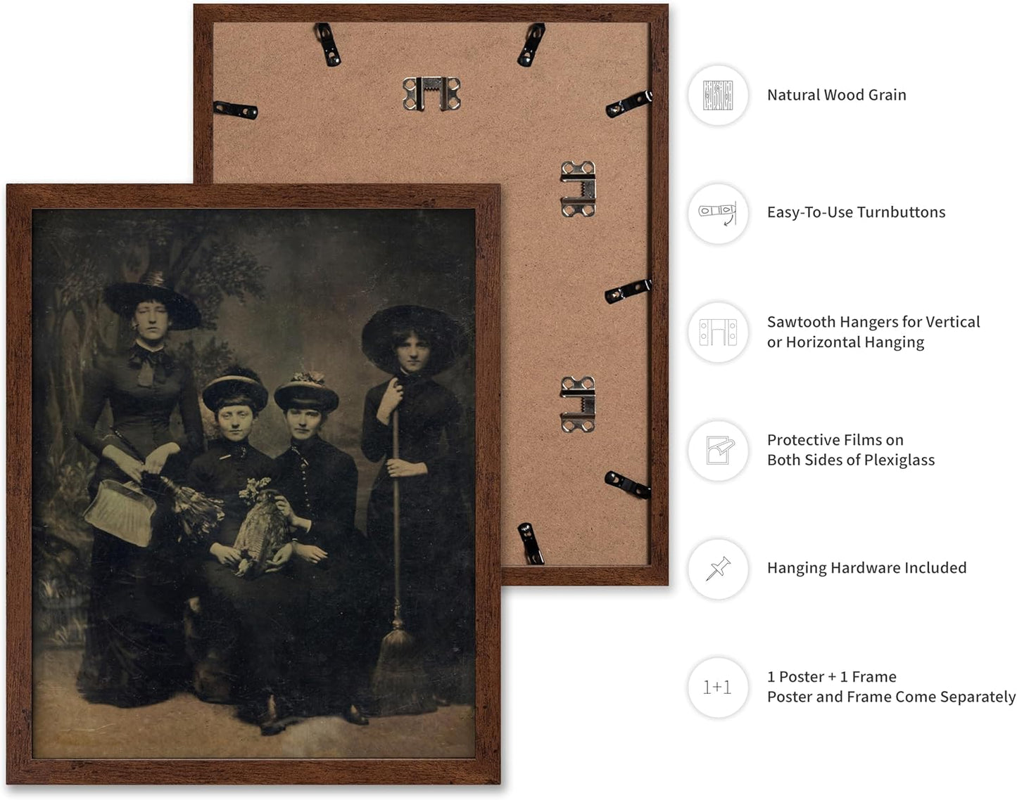 Poster Master Vintage Photograph Poster - Retro Halloween Print - Gift for Artist, Friend - Four Witches Wearing Robes, Sabbath, Coven, Sorcery - Wall Decor for Home, Office, 16x20 Brown Framed