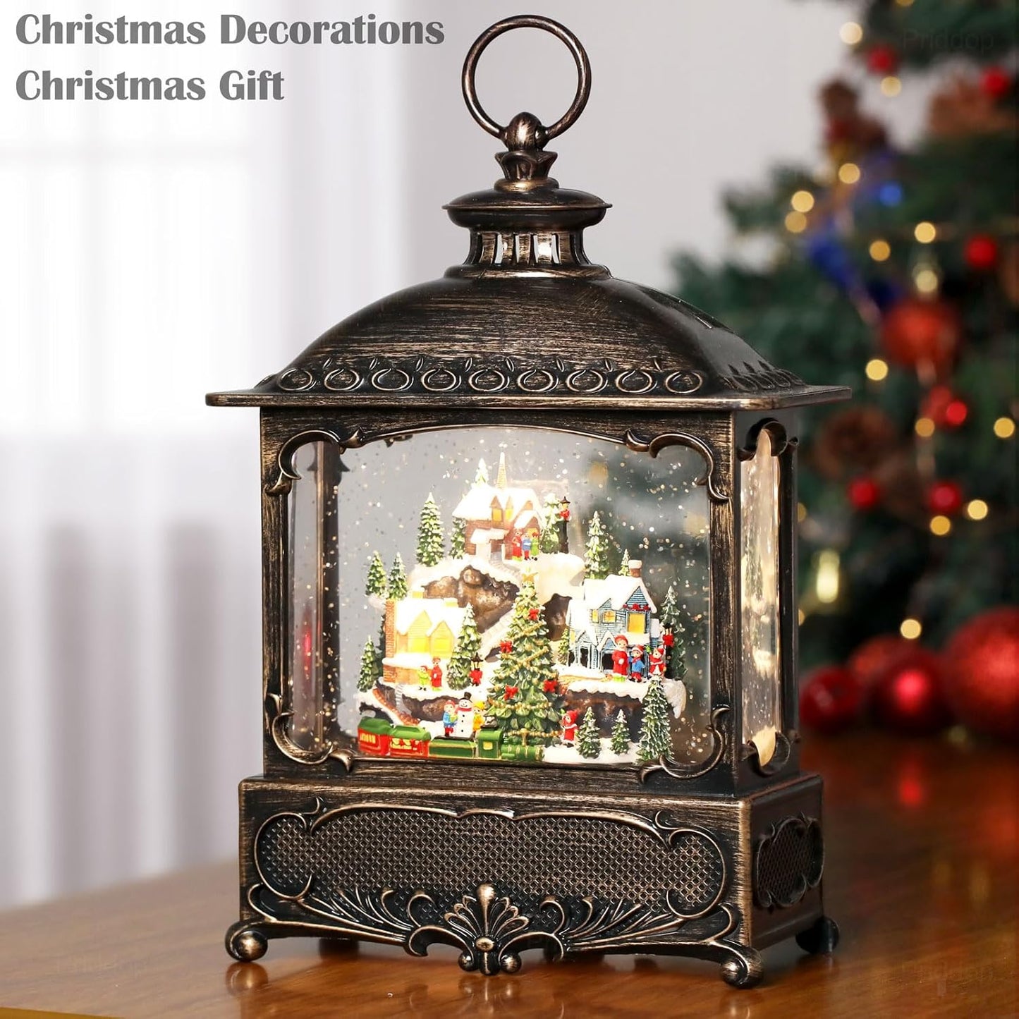 Christmas Snow Globe Lantern Christmas Decorations Gifts Snowy Village Scene Snowman Church Cabin Train Musical Glitter Snowfall USB/Battery Timer 12 inch