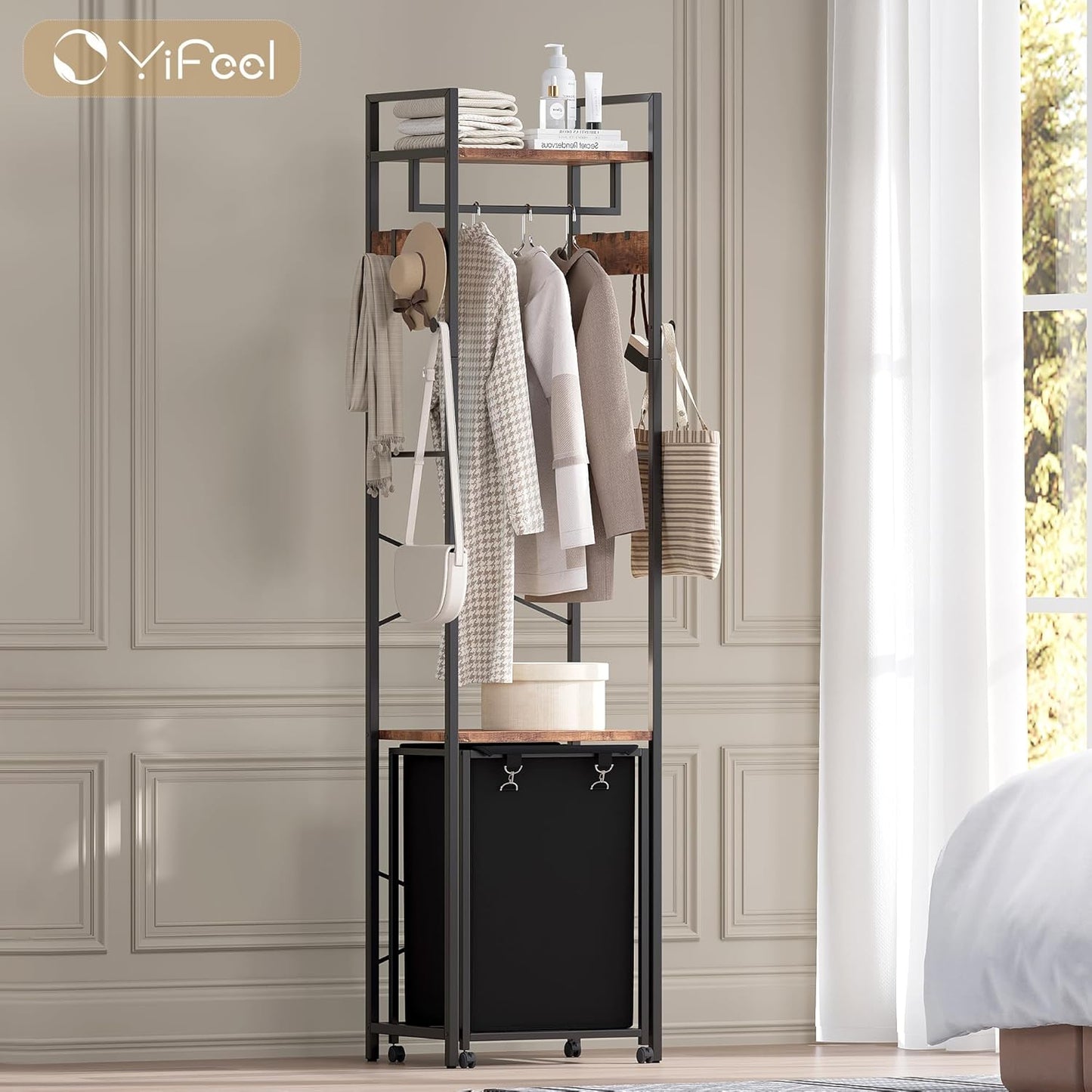 Coat Rack with Laundry Basket, Laundry Hamper Freestanding Hall Tree, Clothes Rack with Storage Shelves, 14.5 Gal Removable Bags on Wheels, Black and Brown JLH005SR