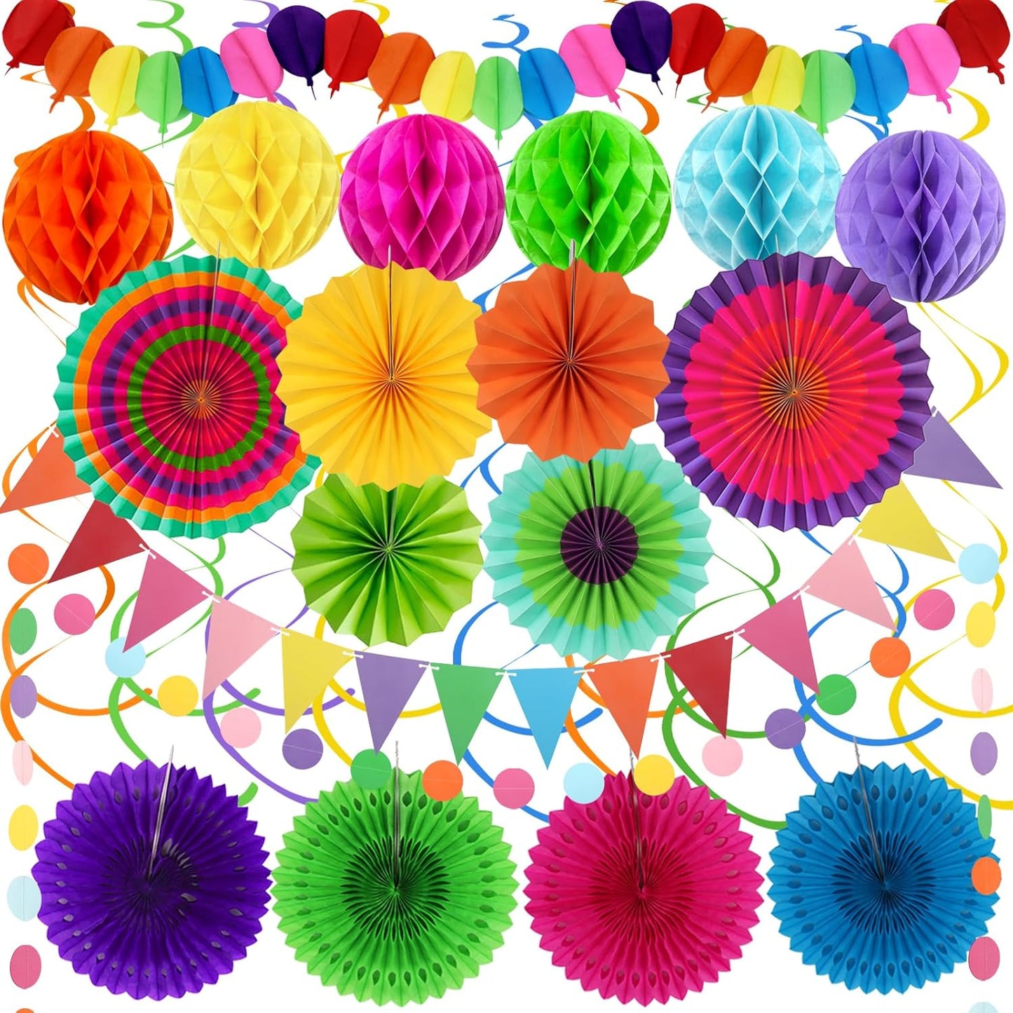 Fiesta Party Decorations - Easy to Assemble Multicolored Paper Fan Honeycomb Ball Garland Hanging Swirl for Mexican Party Cinco De Mayo Taco Themed Party Decorations Birthday Rainbow Parties