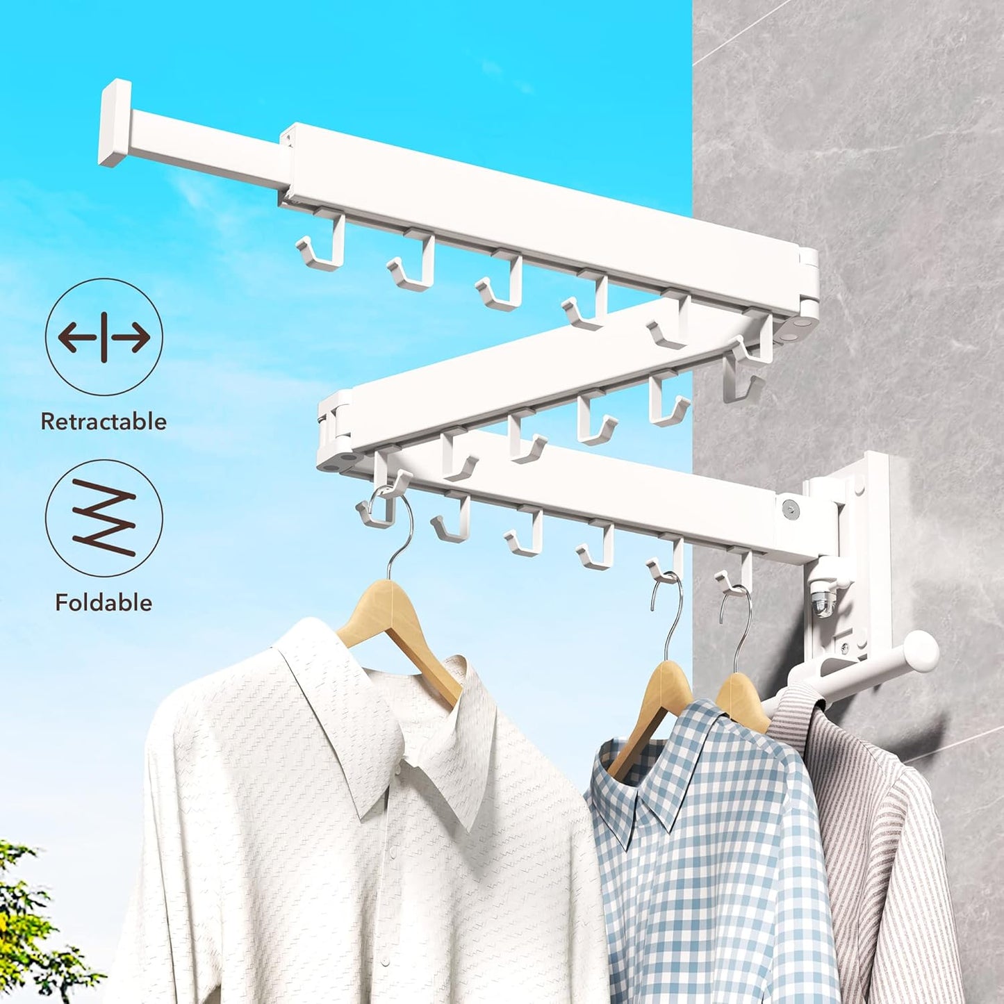 Clothes Drying Rack,Laundry Drying Rack Wall Mount, Wall Mounted Clothes Rack,Retractable,Collapsible(Tri-Fold),Drying Rack Clothing,can Fold Upward & Left & Right,Space Saver, White Color