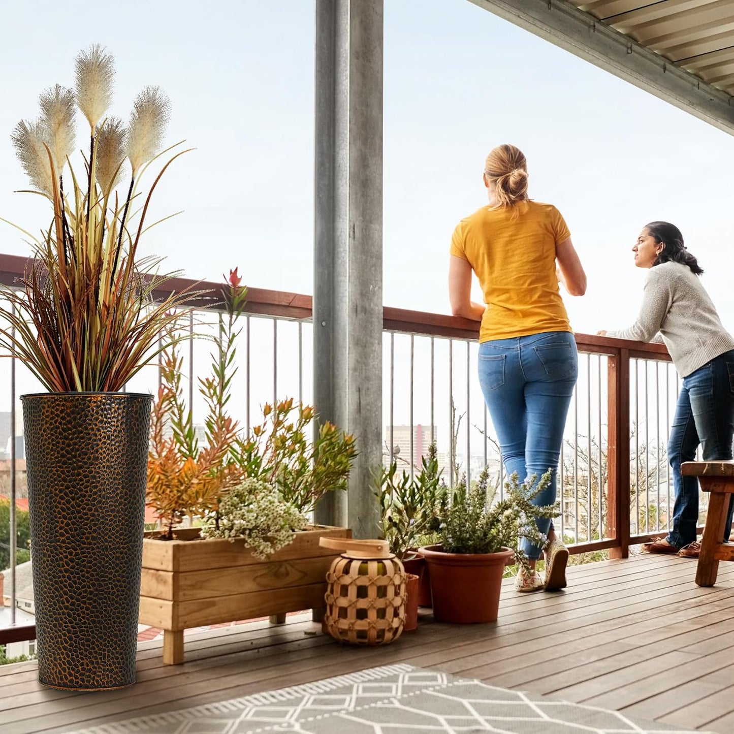 Worth Garden 2-Pack 25" H. Metal Planter with 2X Inside Pots - Hand-Hammered Texture Tall Cone Plant Pots - Large Handcrafted Black Flower Pot for Indoor Outdoor, Deck, Patio, Front Porch (Bronze)