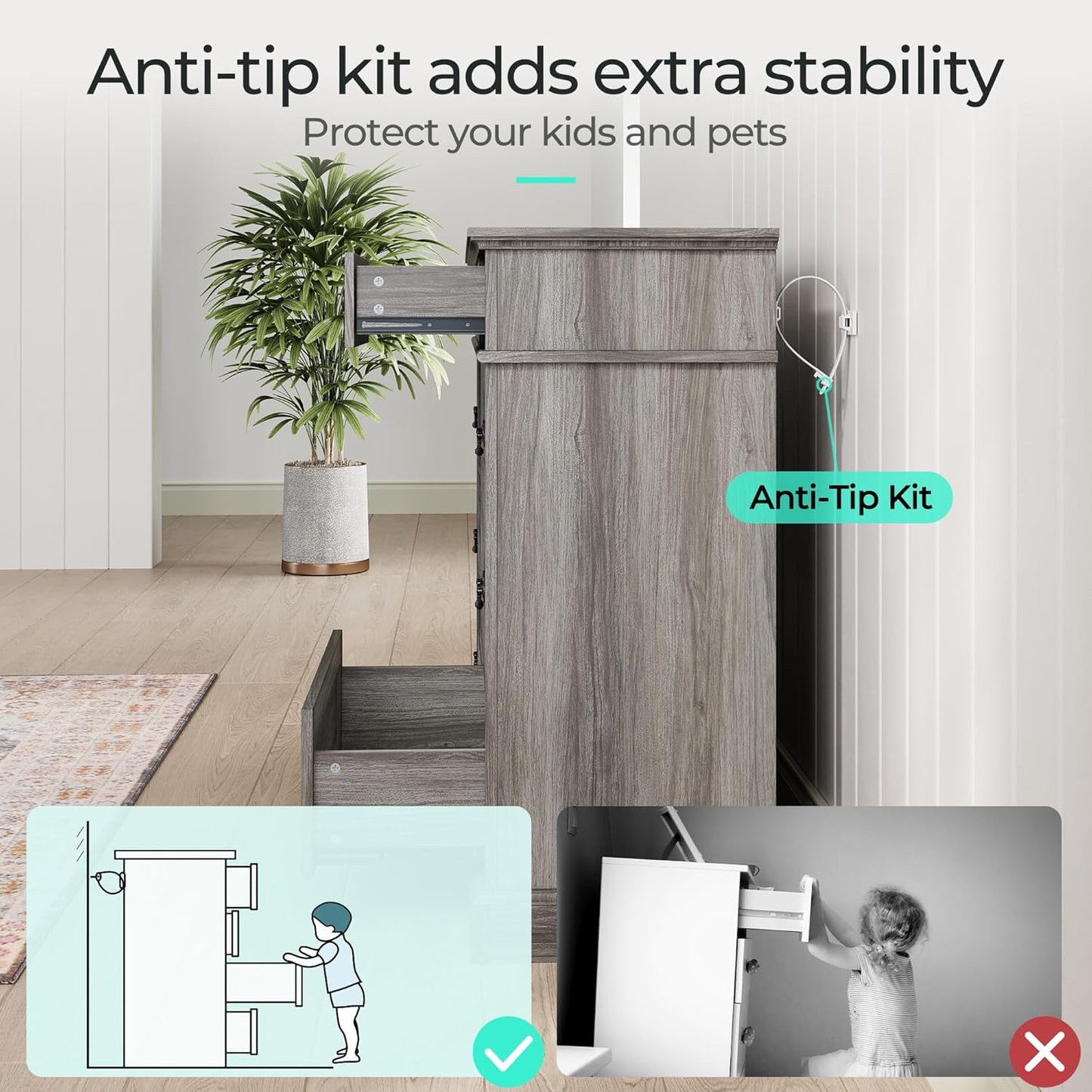 LINSY HOME Farmhouse 8-Drawer Dresser - Grey Chest of Drawers for Bedroom and Living Room Organization, Wood Dresser with Ample Storage Space and Rustic Charm