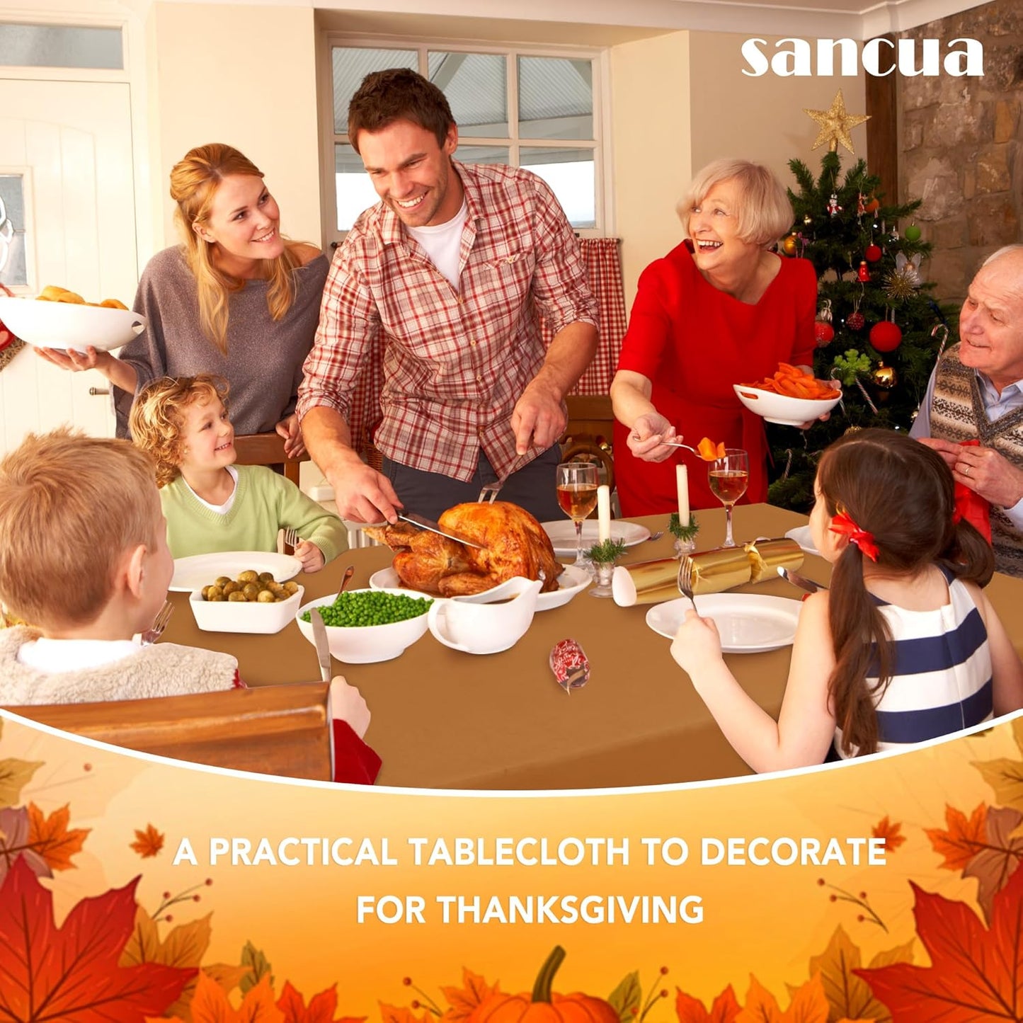 sancua Fall Tablecloth Rectangular - 60 x 84 Inch - Stain and Wrinkle Resistant Polyester Fabric Rectangle Table Cloth, Thanksgiving Table Cover for Dining Tables, Buffet Parties, Bronze