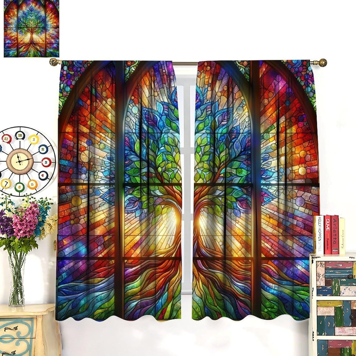 Stained Glass Curtains,Tree of Life Colorful Abstract Art Home Decor Drapes for Bedroom Living Room Kitchen Window Treatment 2 Panels Set Total Size 84" W X 84" L Inch