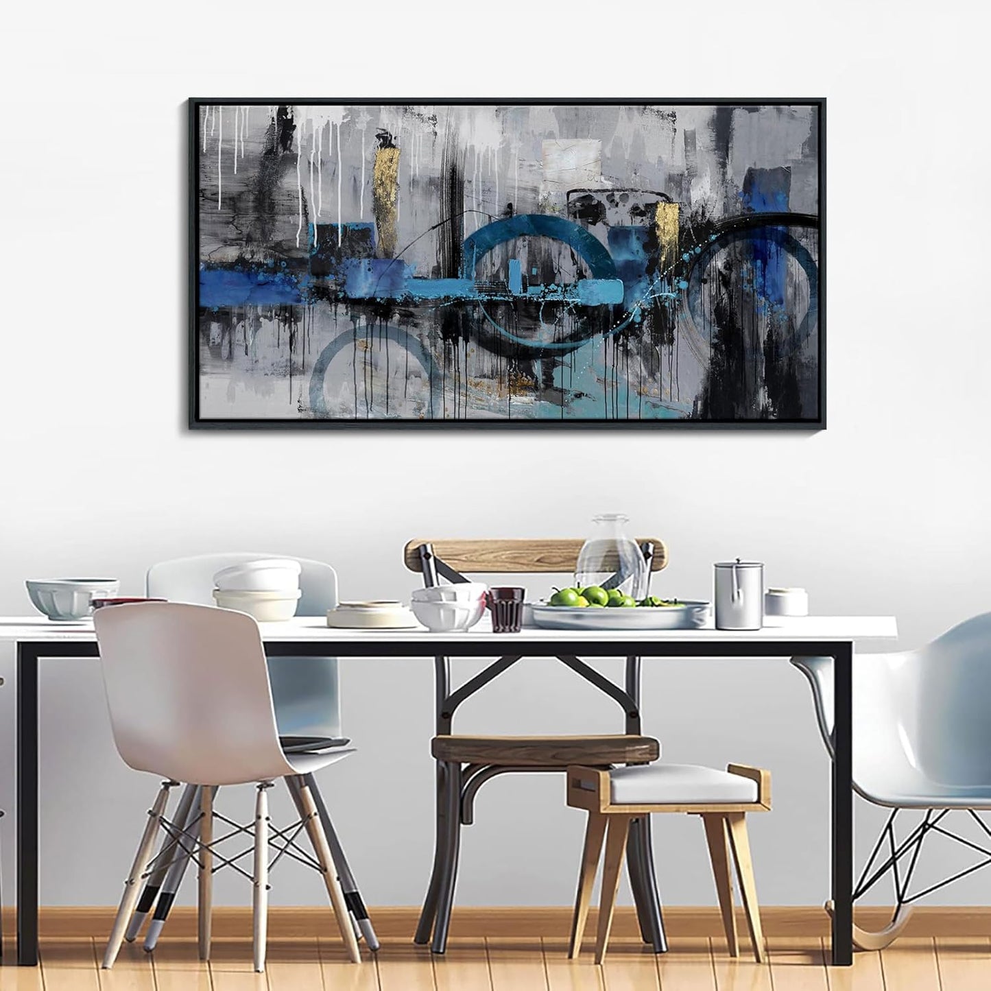 KLAKLA Abstract Canvas Wall Art - Blue and Gray Lnk Style Gold City Scenes Wall Decor Living Room Bedroom Decoration Black Frame Picture Artwork for Wall Modern Landscape Wall Decor