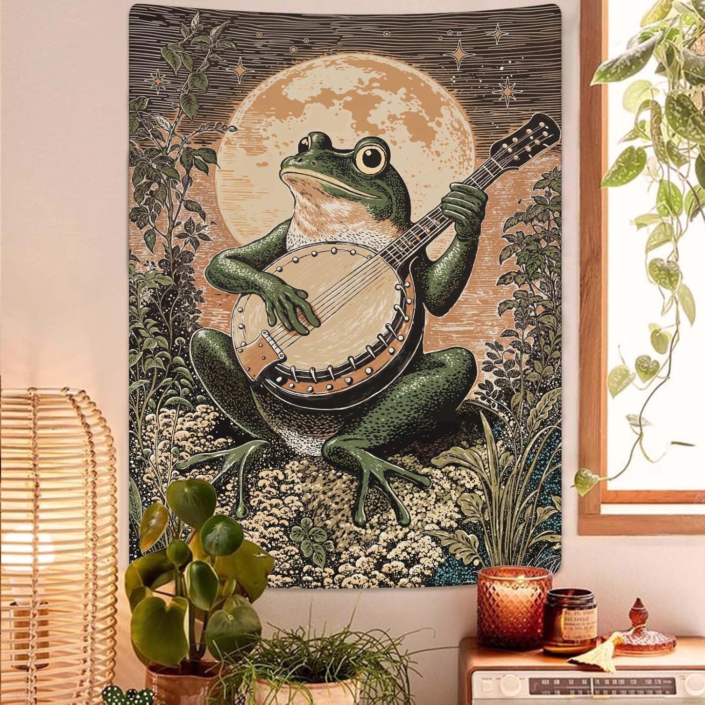 Lunerfex Moonlit Banjo Frog Wall Tapestry, Whimsical Amphibian Musician Tapestries for Room Decor, Folk Art Tapestry 36L x 48W