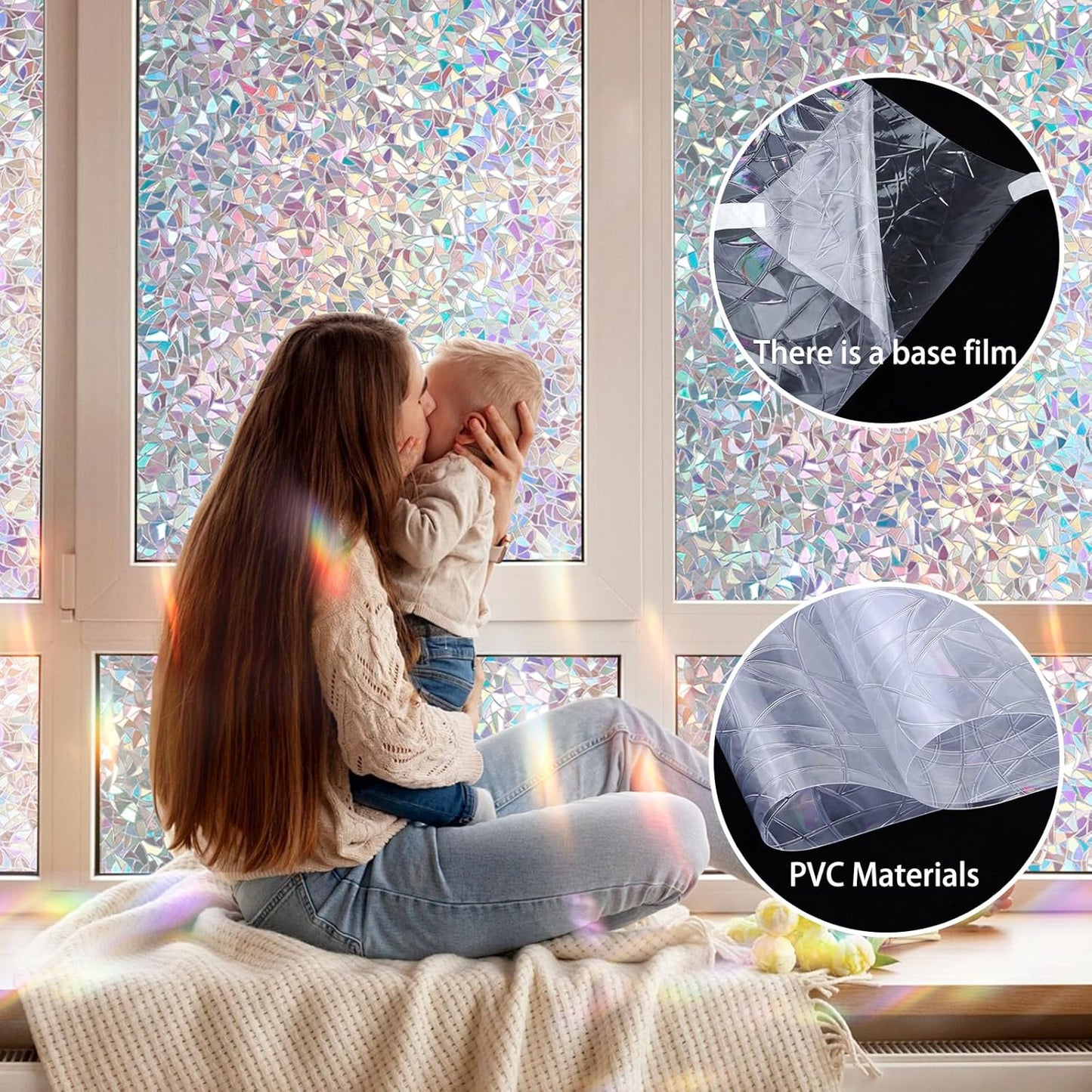 Rainbow Window Privacy Film 3D Decorative Stained Glass Window Film Anti UV Non-Adhesive Reusable 23.6" x 78.7" for Home Room Car Glass Cling