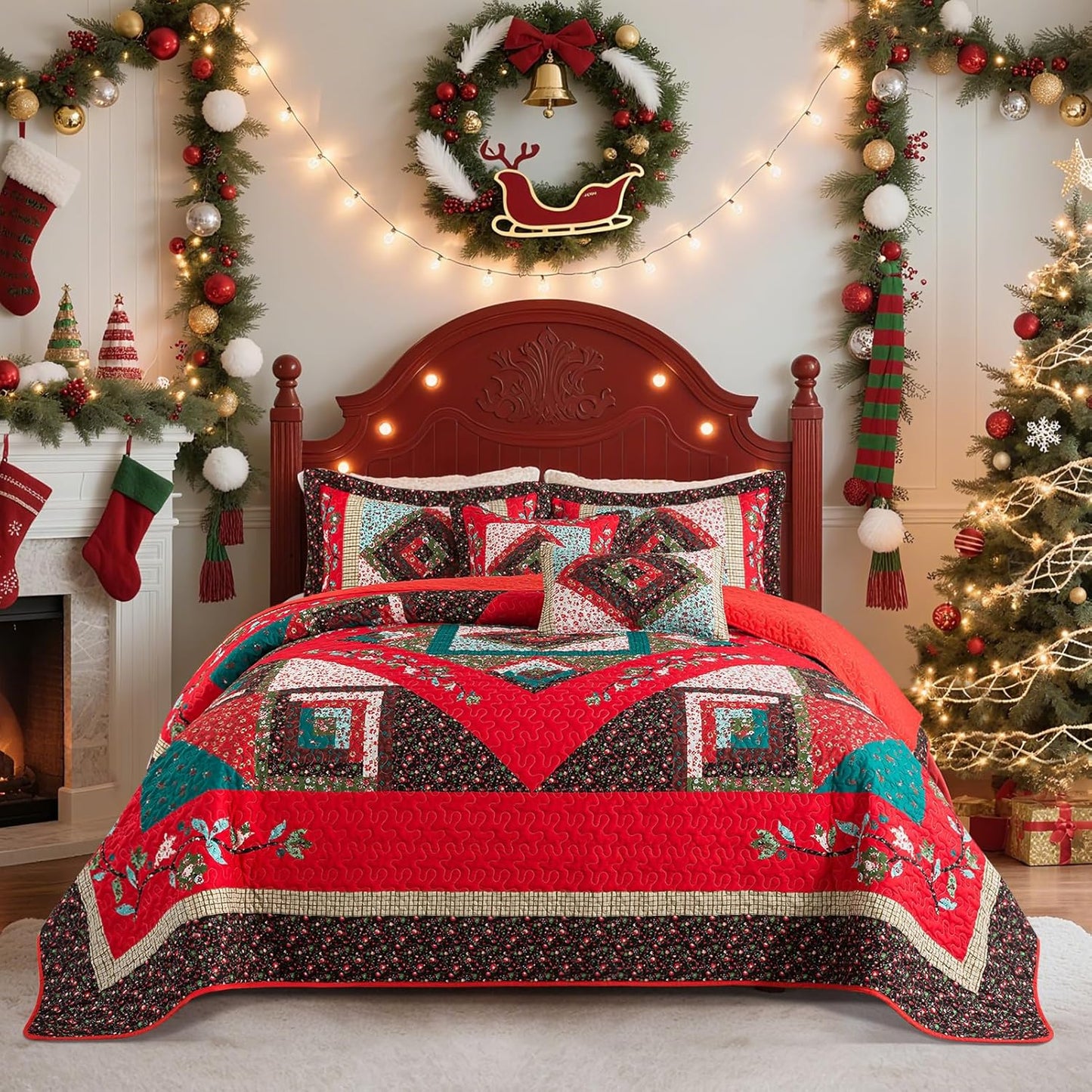 VAPUTAR Cotton Queen Quilt - Christmas Queen Size Quilt Bedding Set for Bed - Lightweight Farmhouse Bedspread with 2 Pillow Shams, 90x98 Inch All-Season Coverlet
