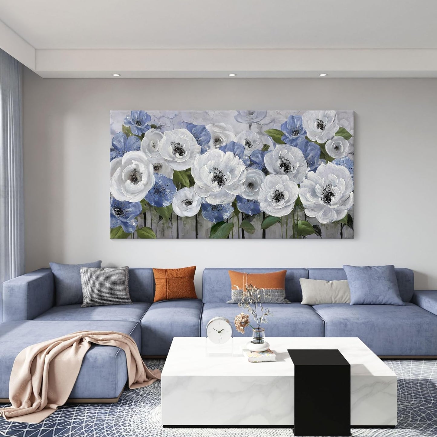Floral Wall Art for Living Room-Large Blue and White Flower Paintings, Textured Nature Artwork Pictures on Canvas, Landscape and Flower Wall Art for Bedroom Decor
