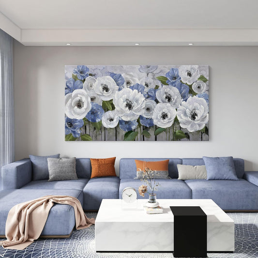 Floral Wall Art for Living Room-Large Blue and White Flower Paintings, Textured Nature Artwork Pictures on Canvas, Landscape and Flower Wall Art for Bedroom Decor