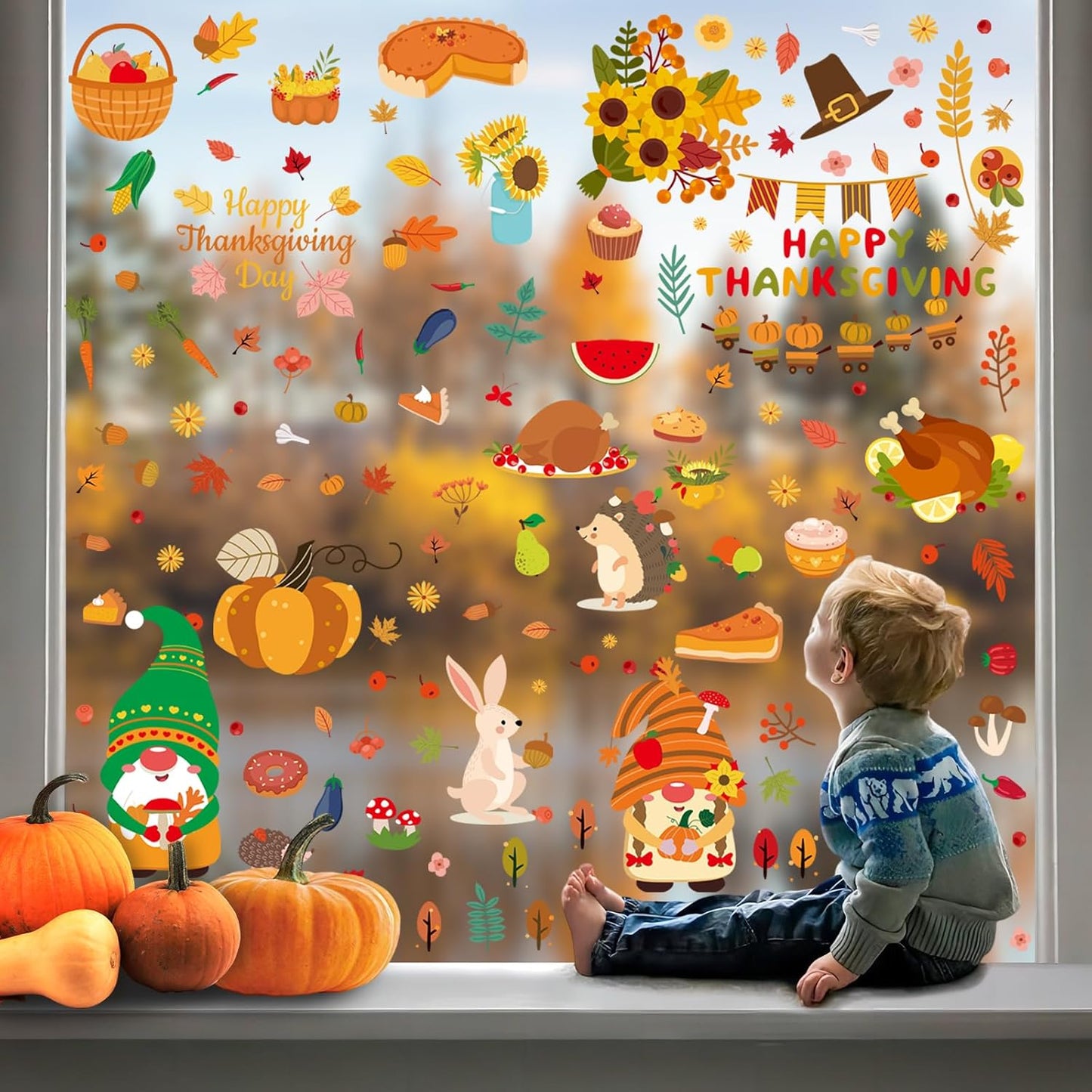 Bloss Fall Window Clings for Glass Windows,9 Sheets 153Pcs Thanksgiving Pumpkin Fall Windows Stickers Decals for Kids, Autumn Window Clings for Fall Decorations,Gnome Windows Cling for Autumn Decor