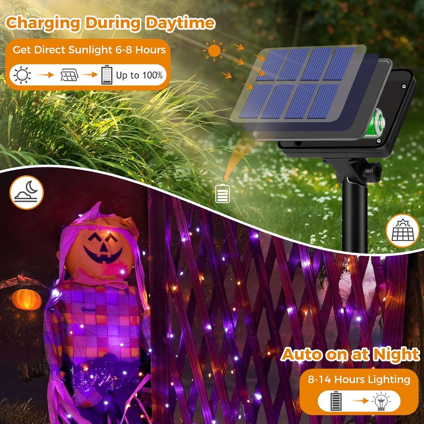 btfarm 2 Pack Solar Halloween String Lights Outdoor, Orange Purple 160LED 66FT Solar Fairy Lights Outside Waterproof, 8 Modes Solar Powered Twinkle Lights for Tree Garden Patio Halloween Decorations