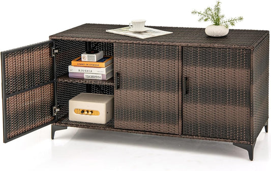 RELAX4LIFE 84-Gallon Outdoor Storage Box - Wicker Rattan 3-Door Patio Storage Cabinet Container w/Removable Shelves for Cushions, Garden Tools, Pool & Sports Equipment, Indoor Outdoor Deck Box (Brown)