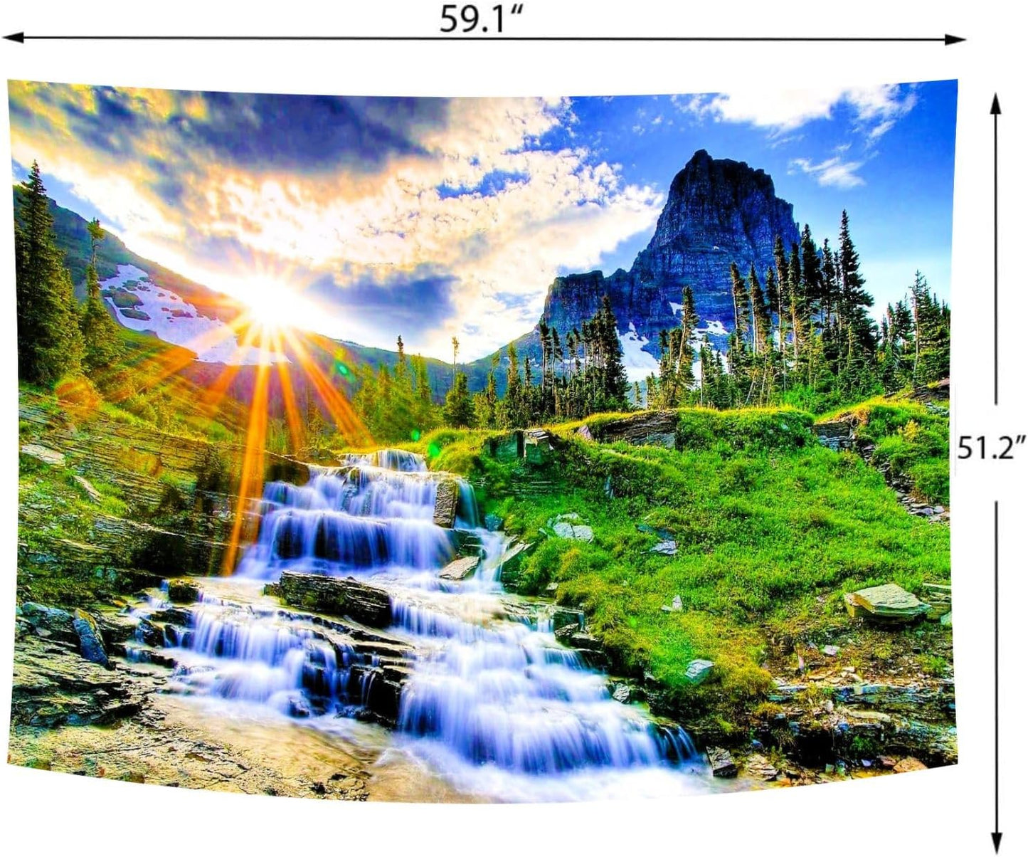 Delur Mountain Waterfall Tapestry Sunset Forest Tree Nature Landscape Tapestry Wall Hanging Tropical Sunrise Rainforest Psychedelic Scenic Headboard for Bedroom Living Room Home Decor (51.2" x 59.1")