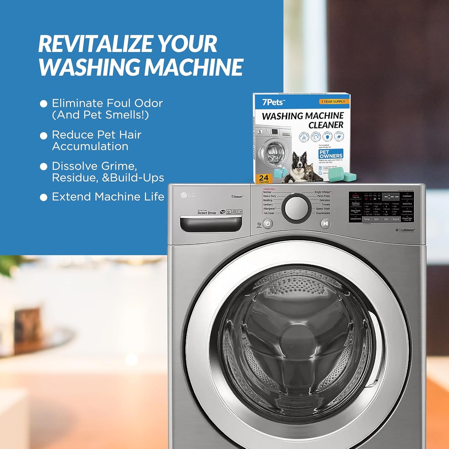 Washing Machine Cleaner Tablets - 24 Count 1-Year Supply | Formulated for Pet Owners | Pet-Friendly Deep Descaler | HE, Top & Front Load | Septic Safe & Eco-Friendly | Eliminates Odor & Residue