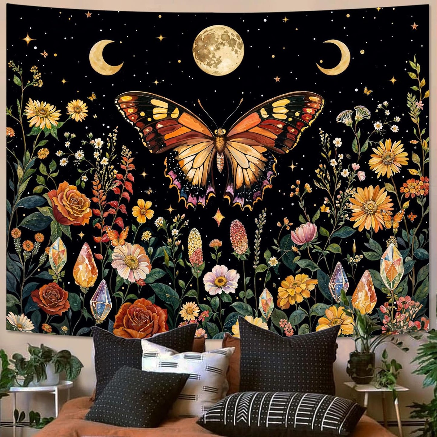 Lunerfex Boho Butterfly Tapestry Flower Moon Wall Tapestry, Moon Phases Tapestries for Bedroom Cute Tapestries Wall Hanging for Bedroom Living Room Decor Butterfly-2 60"x80"