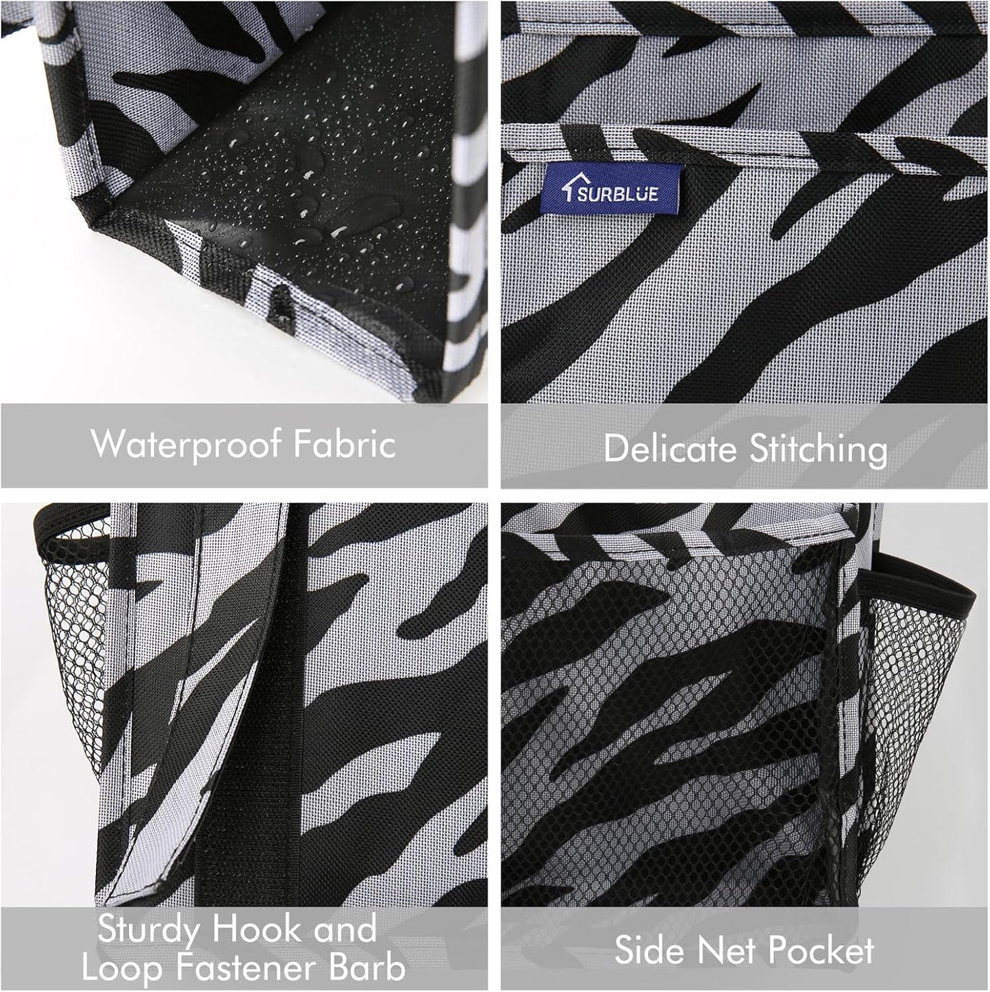 Surblue Bedside Caddy Hanging Organizer Storage Bag Pocket for Bunk, Hospital, College Dorm Rooms, Baby Bed Rails, Camp - 8 Pockets (Large, Zebra)