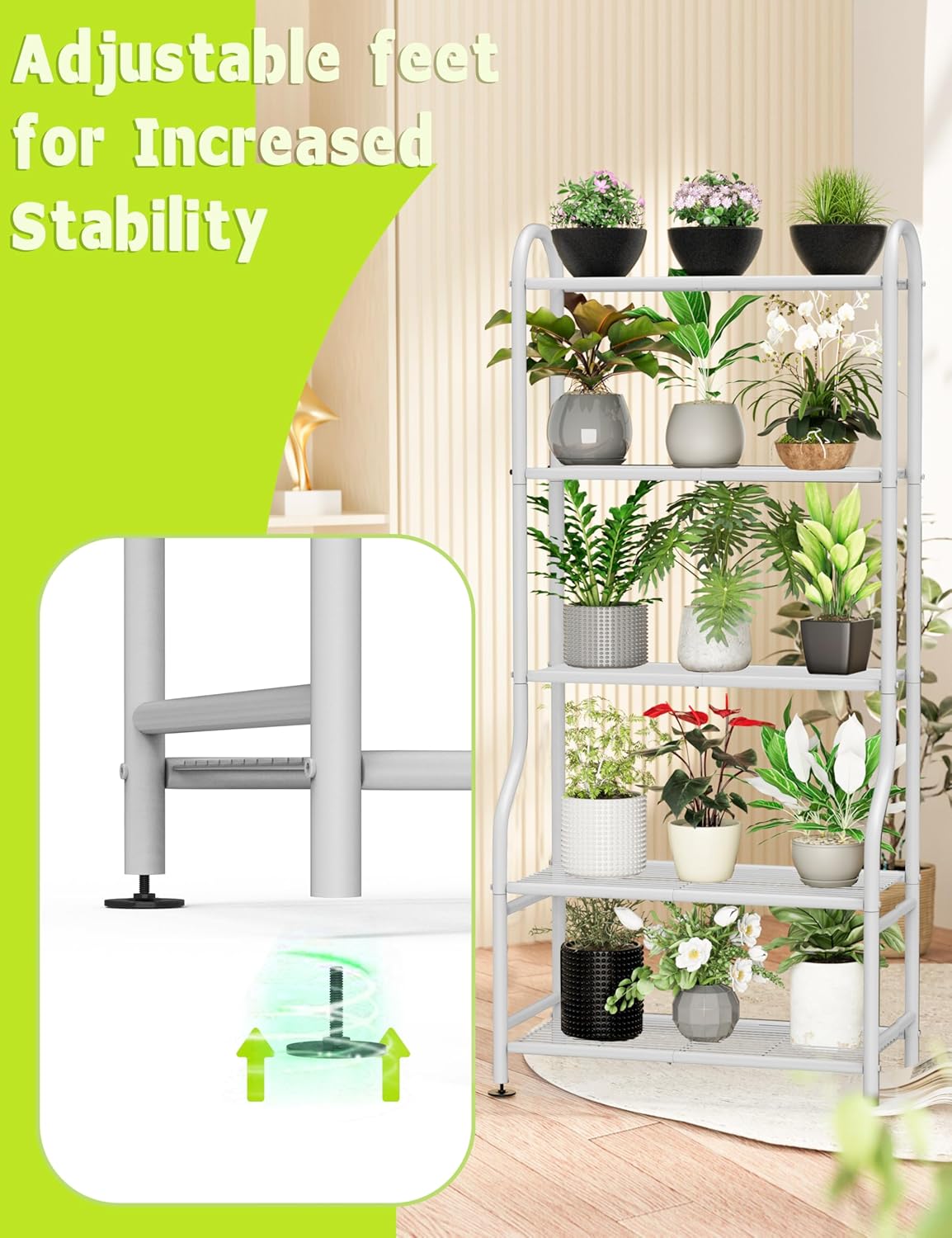 5-Tier Metal Plant Stand Indoor Outdoor, Waterproof Flower Stand for Multiple Pots, Heavy Duty Plant Stands for Living Room Patio Garden Decor, Tall Plant Shelf with Leveling Feet, White