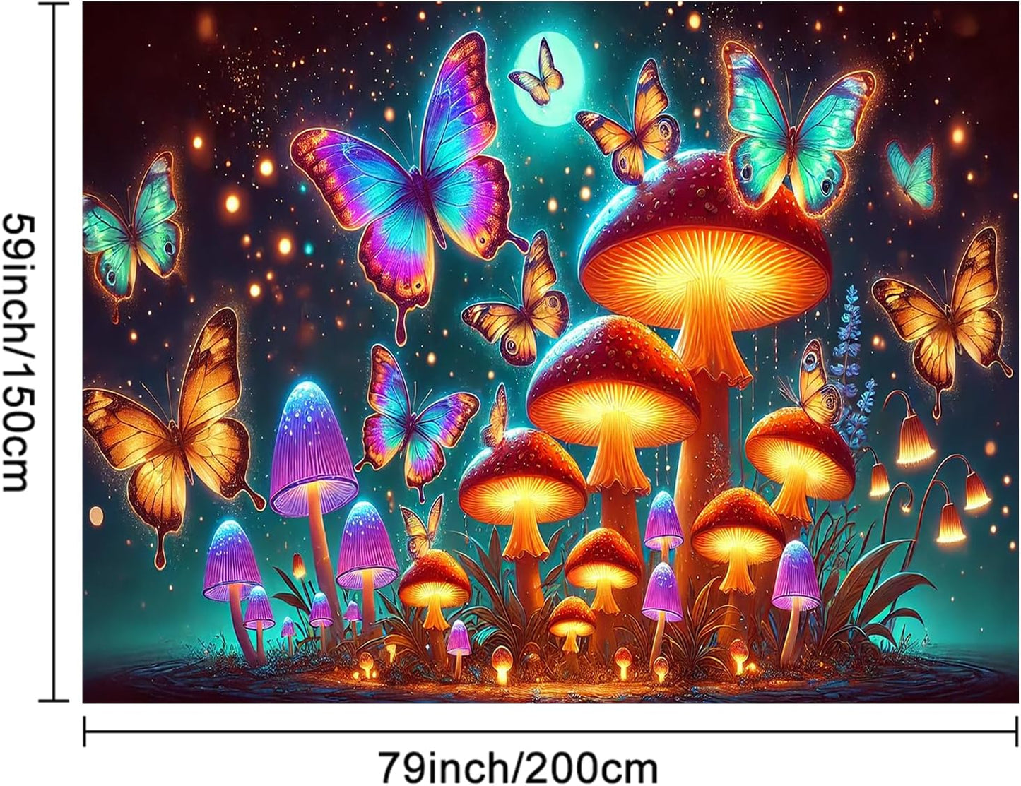 BlissYard Glowing Butterflies Mushroom Forest UV Black Light Tapestry 78x59 Inches Art Color Neon Light Background Bedroom Living Room Wall Party Decoration Fantasy Fungi Insect Magic Garden Scene