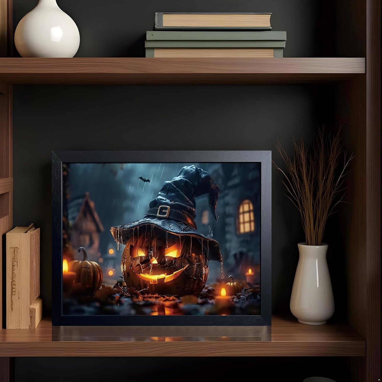 Wood Framed Dark Halloween Pumpkin Wall Art, Gothic Witch Hat Jack-o'-Lantern Canvas Print, Dark Academia Spooky Haunted House Poster Wall Art for Living Room Bedroom Room Aesthetics 12x16 inch