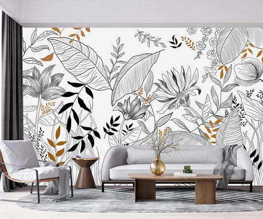 -Hand-Painted Flower Plant Fabric Wallpaper Simple Art Living Room 100" x 65" (Not Peel and Stick)