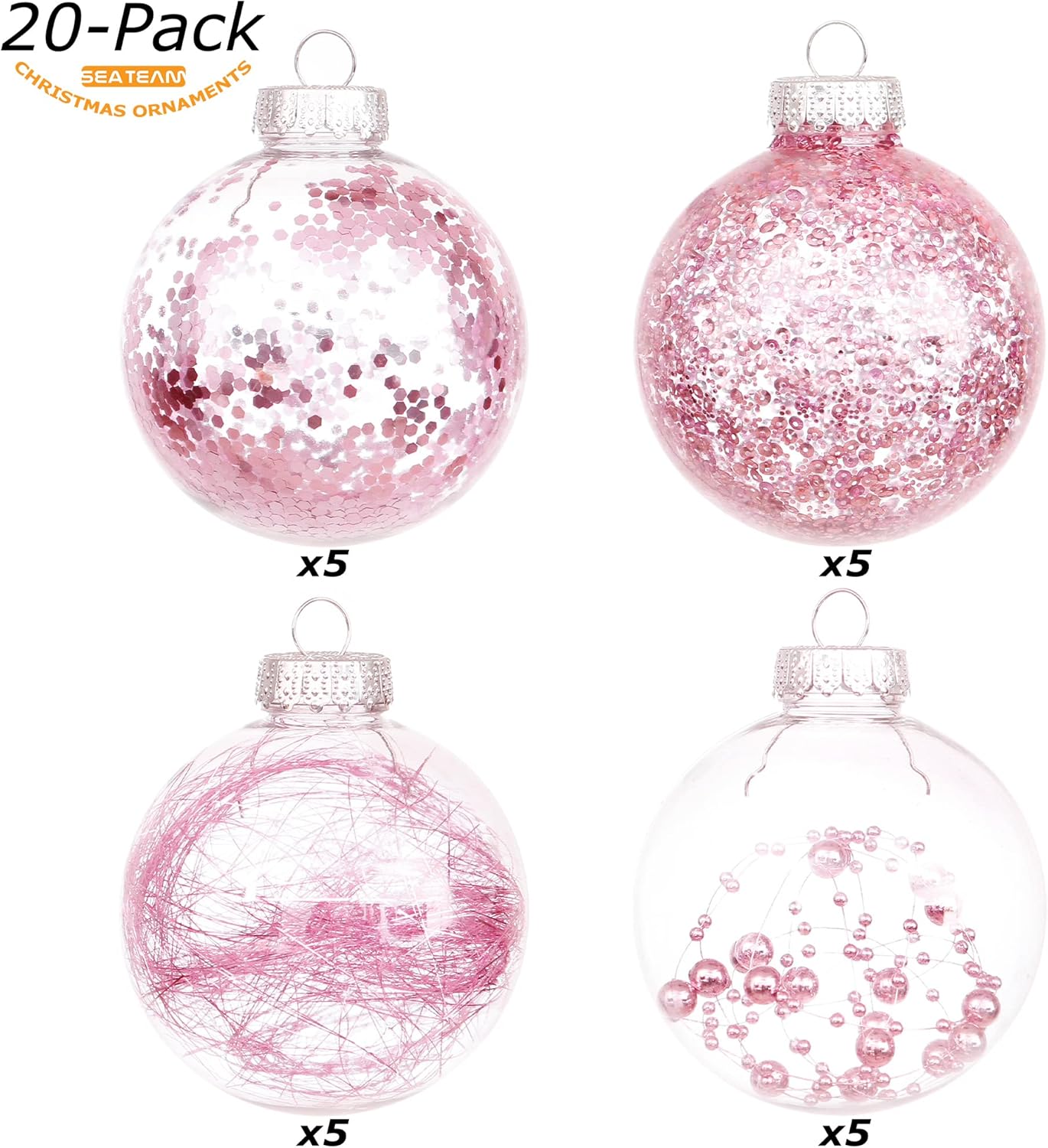 Sea Team Shatterproof Clear Plastic Christmas Ball Ornaments Decorative Xmas Balls Baubles Set with Stuffed Delicate Decorations (80mm/3.15 inch 20-Pack, Pink)
