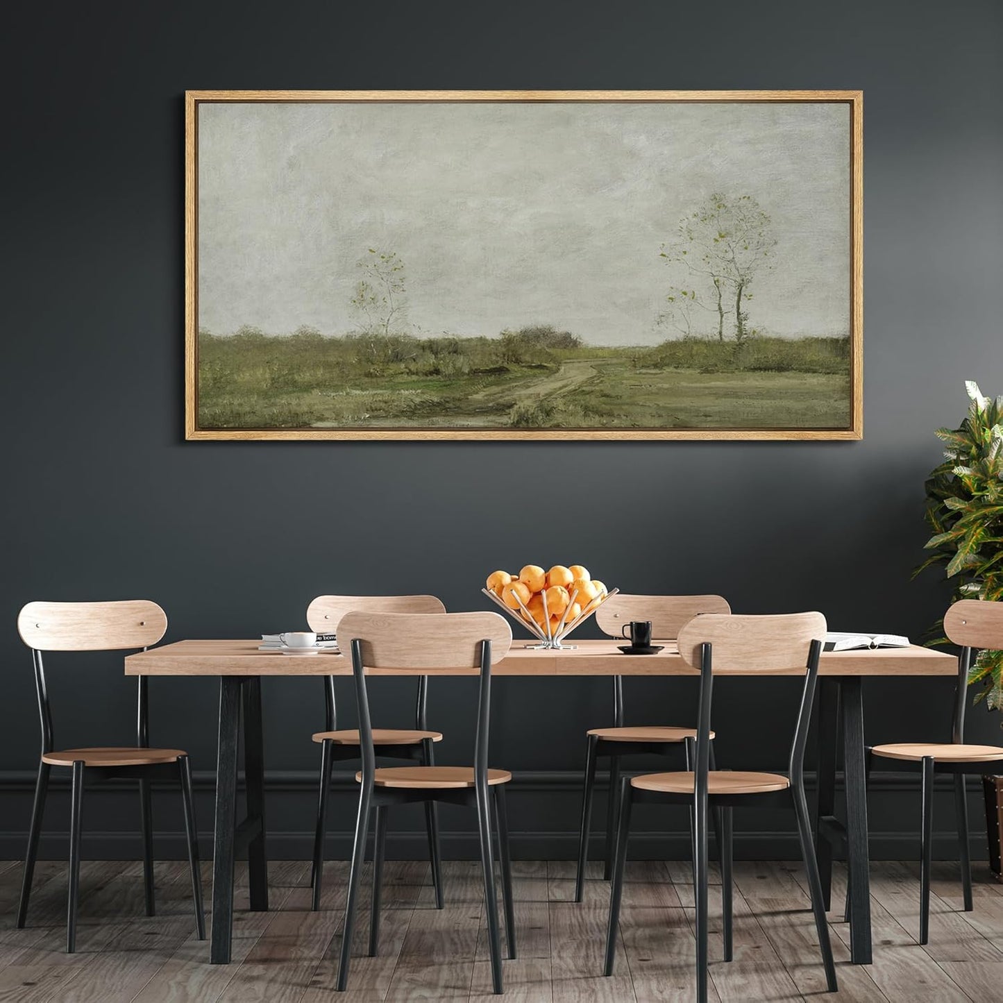 MUDECOR Extra Large Framed Canvas Print Wall Art Soft Pastoral Landscape Wall Art with Trees Antique Retro Fine Art Illustrations Decorative Colorful for Bedroom - 60"x30"