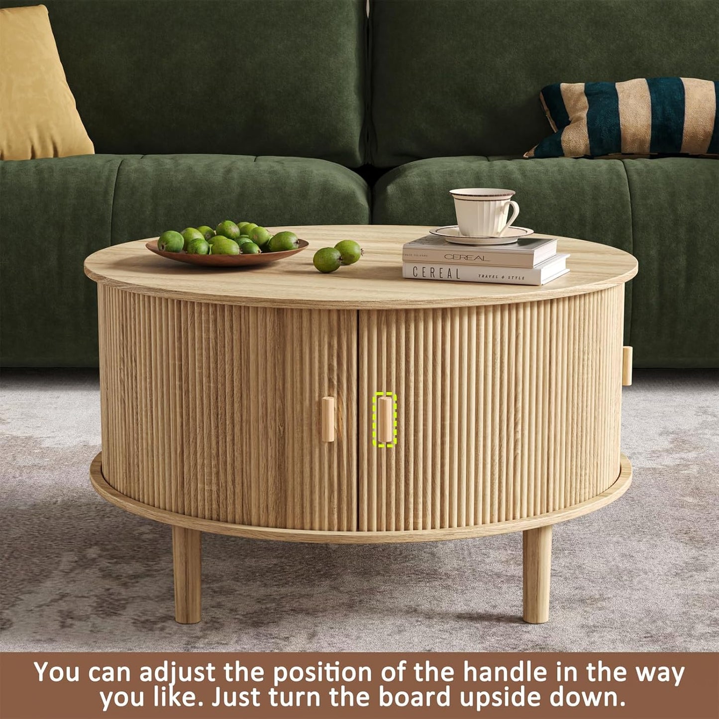 Coffee Table and TV Stand Set of 2, Round Center Table with Storage,Fluted Coffee Table with 360° Sliding Doors, 86.6" Entertainment Center for Bedroom, Living Room,Natural