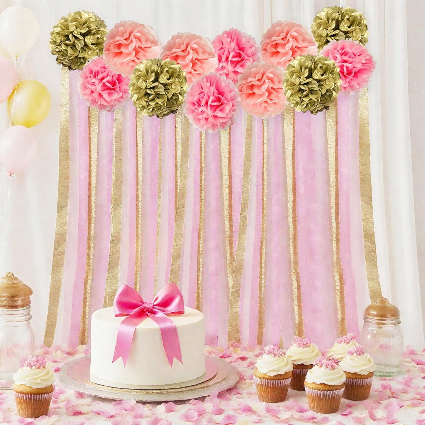 Champagne Gold Party Streamers Graduation Party Decoration - Colorful Paper Flower Pom Poms Wall Decorations for Birthdays, Bridal or Baby Showers, Weddings, Outdoor Decor