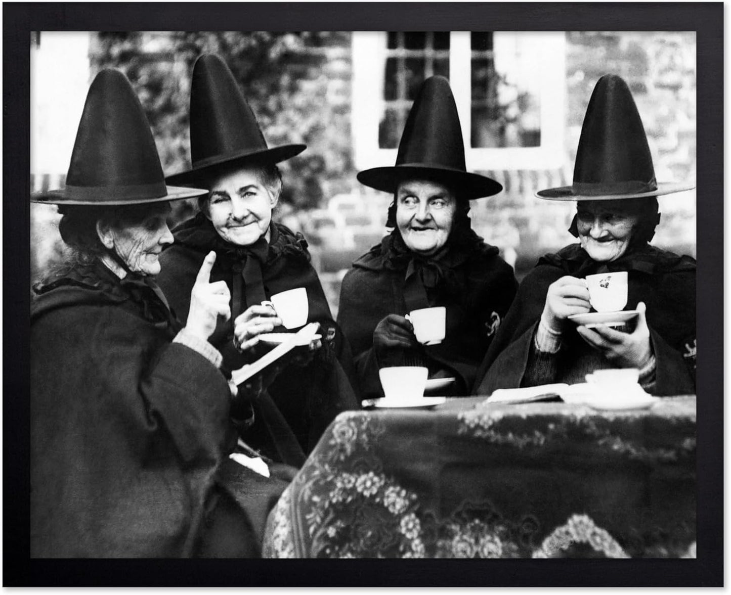 Poster Master Classic Photograph Poster - Vintage Halloween Print - Gift for Artist, Friend - Witches Tea Party, Old Women Smiling, Wearing Robes - Wall Decor for Living Room, 11x14 Black Framed
