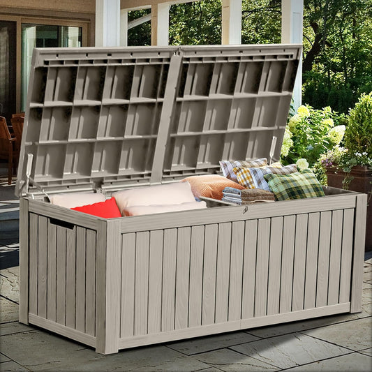 YITAHOME 150 Gallon Large Deck Box w/Divider, XL Waterproof Outdoor Storage for Patio Furniture,Outdoor Cushions, Garden Tools, Sports Equipment and Pool Supplies, Resin, Lockable, Taupe