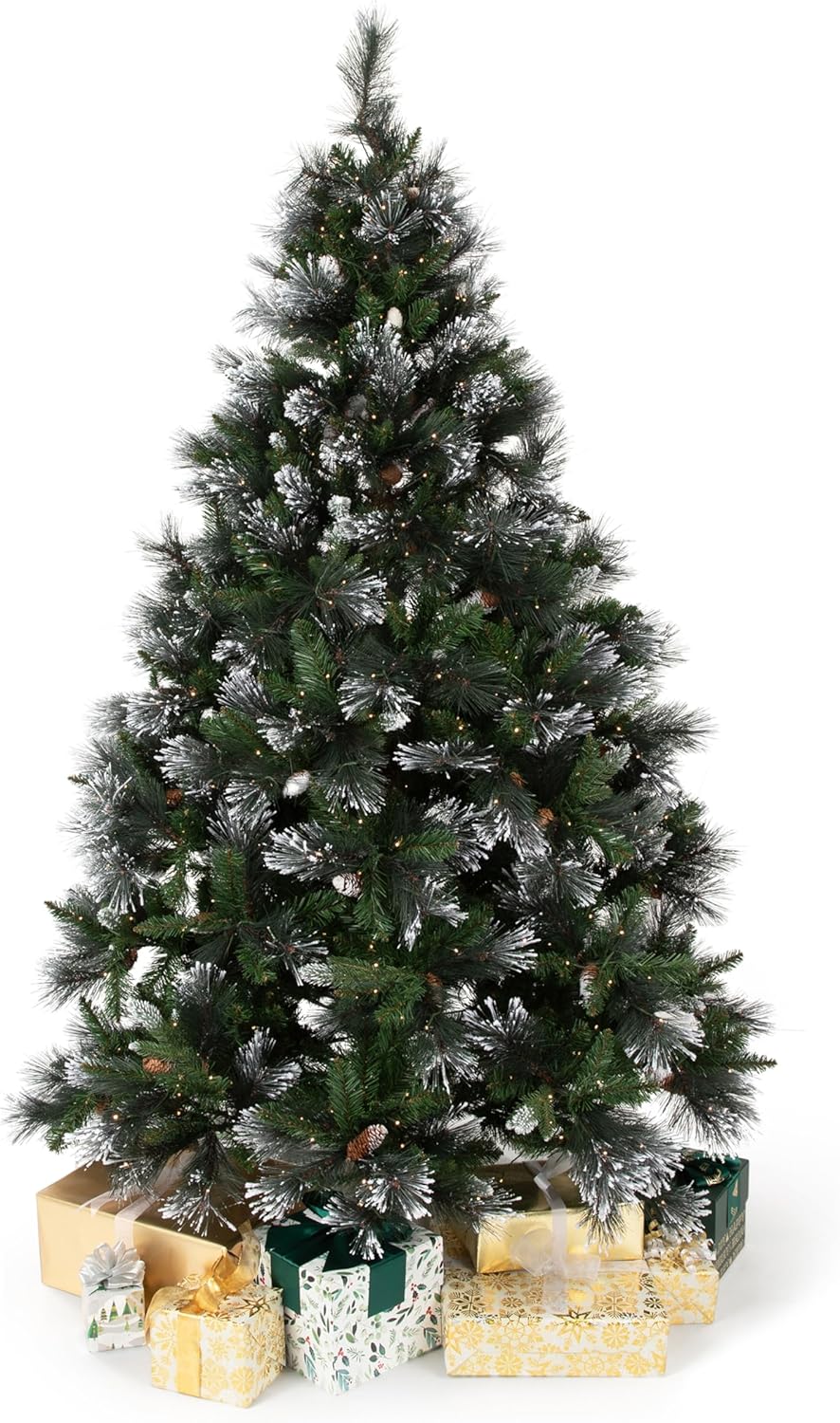 Papyrus Frosted 7 ft Pre-Lit Artificial Christmas Tree, Carolina Pine, Pine Cones, Warm White Lights, Includes Stand and Storage Bag