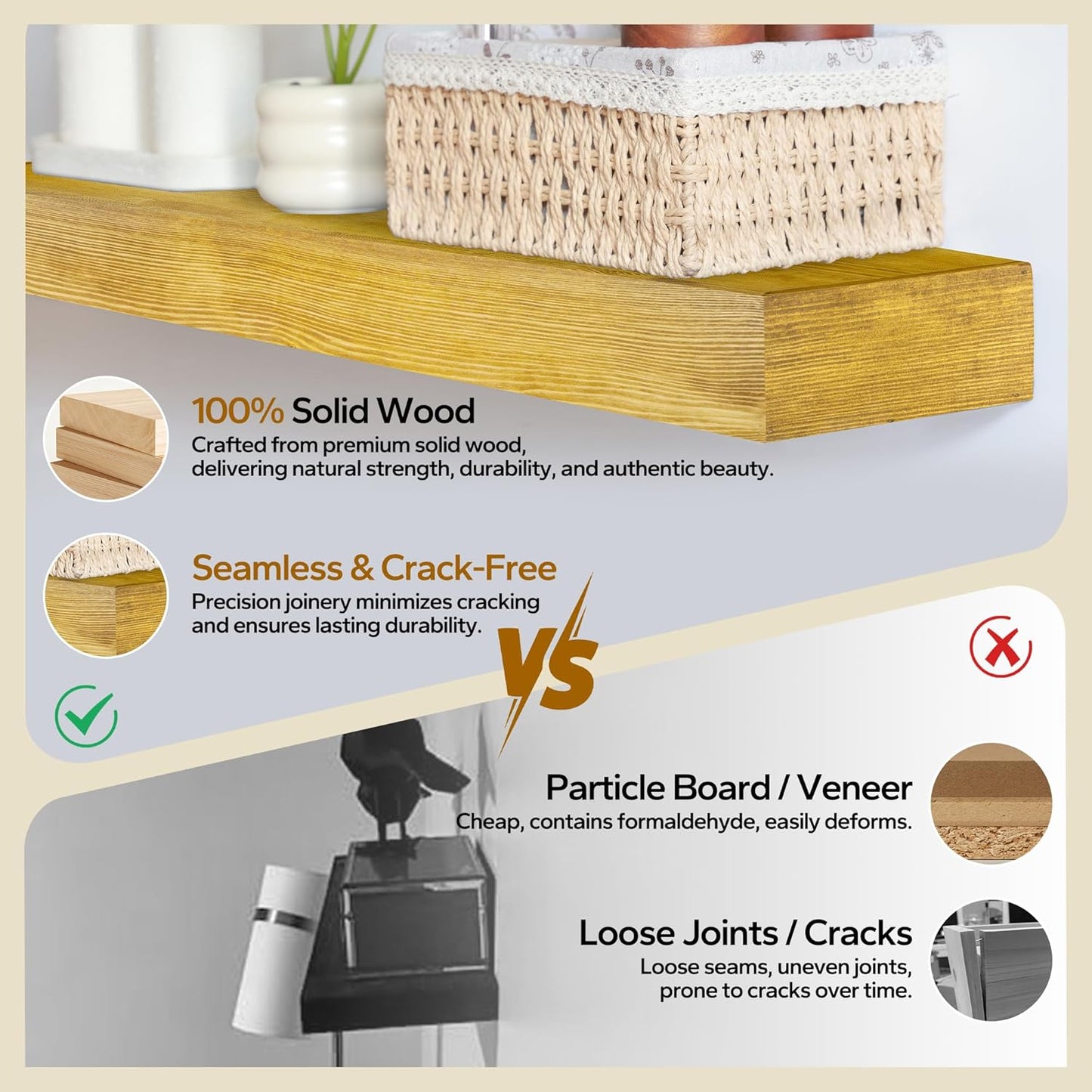 Floating Shelves 3 inch Thick for Wall Set of 2,Solid Pine Wood Wall Mount Shelf for Kitchen Living Room Bedroom Bathroom,8" D x 48" L x 3" H-Gold Oak