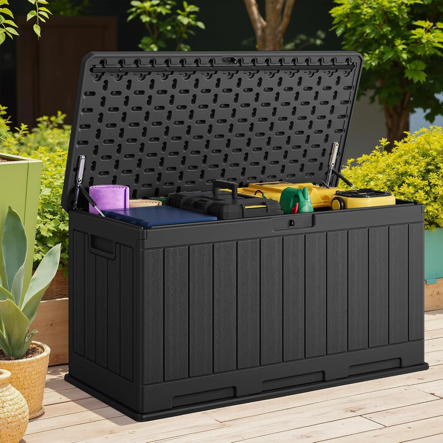 Devoko 90 Gallon Double-Wall Deck Box, Side Handles, HDPE Outdoor Large Storage Box Waterproof and Lockable for Patio Furniture, Garden, Pool (Black, 90 Gallon)