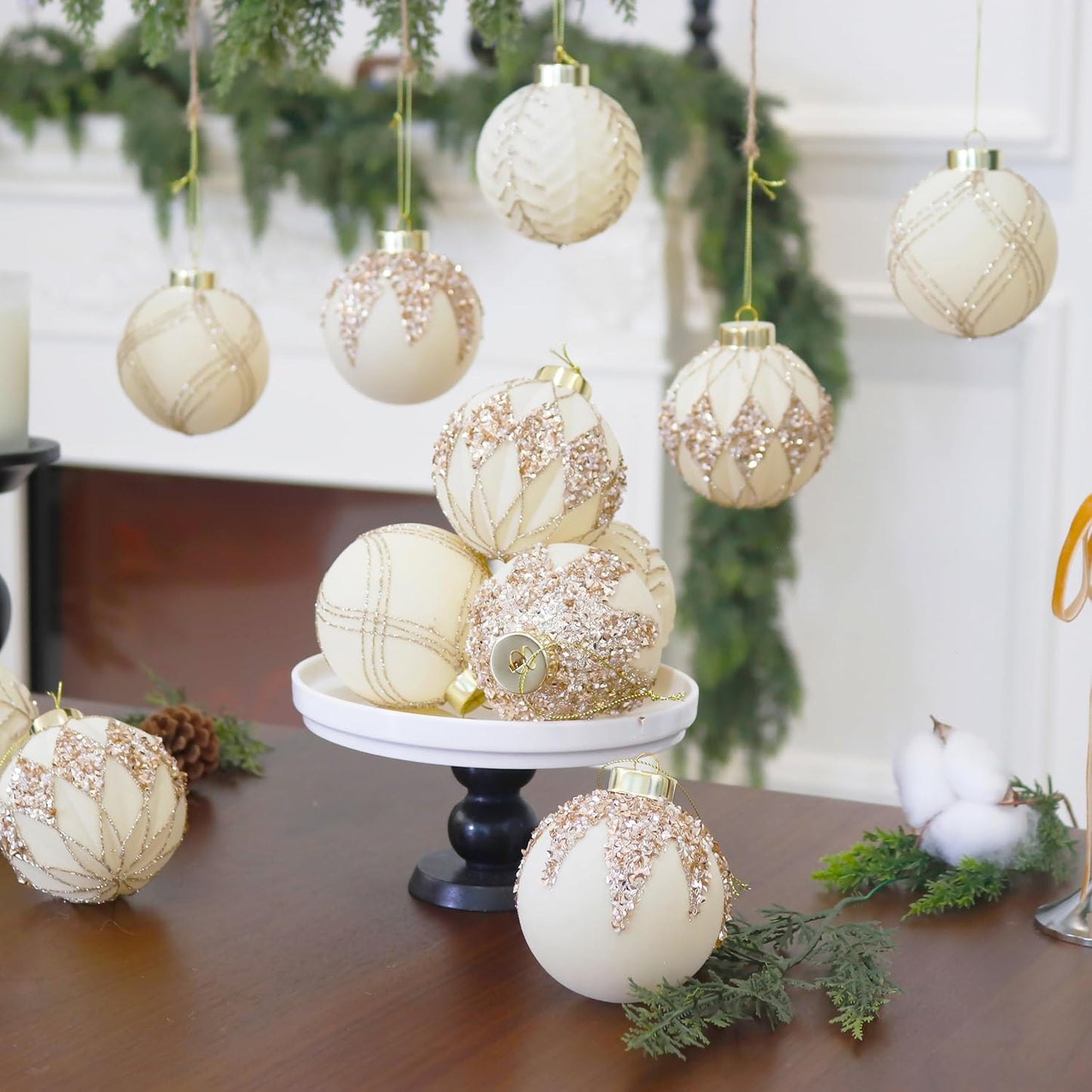 4inch Velvet Ornaments for Christmas Tree, 9PCS Glitter Flocked Christmas Ornaments Decorations Balls Set Decor Beige