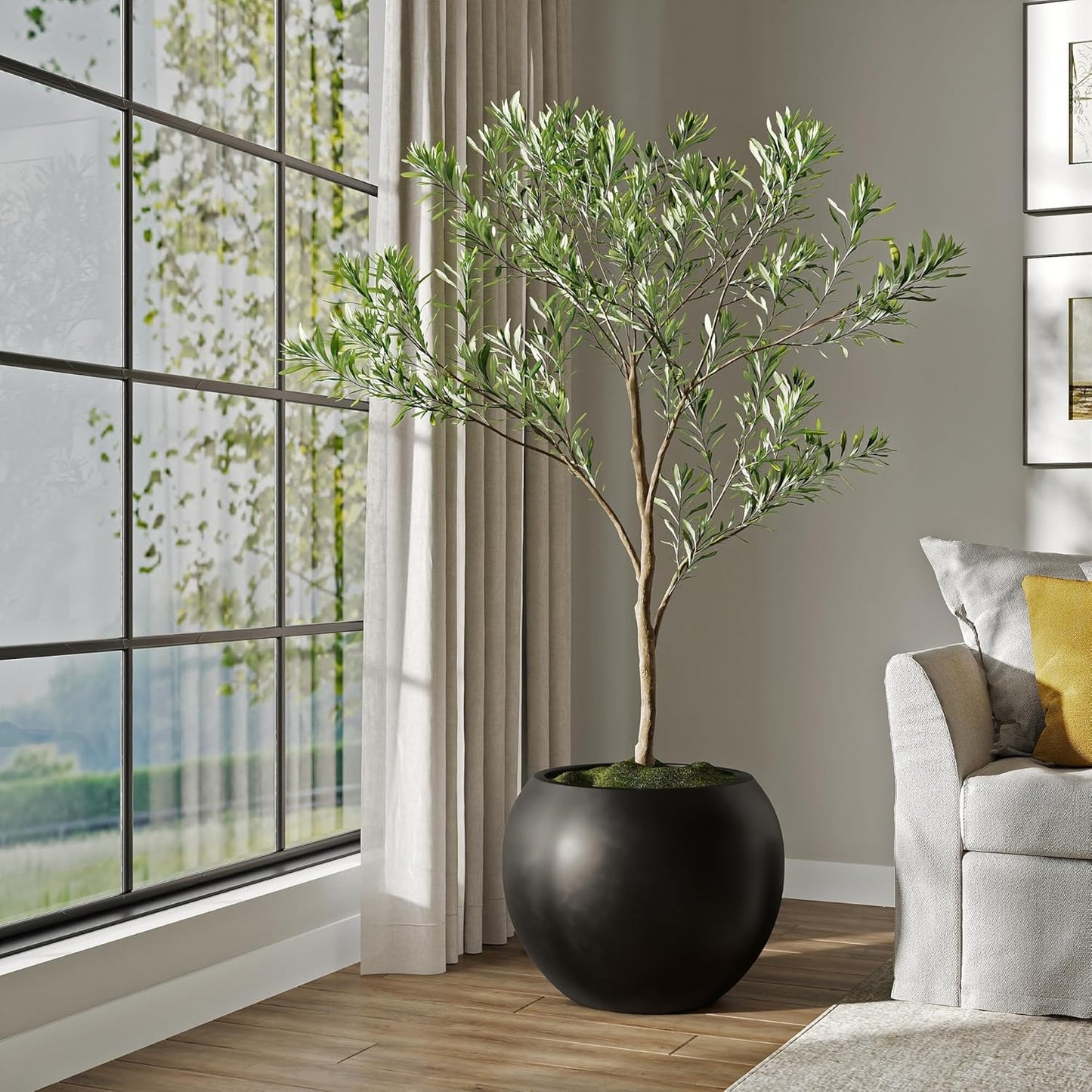 DTY Signature Mount Sherman Lightweight Durable Modern Fiberstone Sphere Planter for Indoor & Outdoor Drainage Hole & Rubber Plug Weather Resistant, 17" H x 21" Dia 14.4" Pot Opening - Large, Black