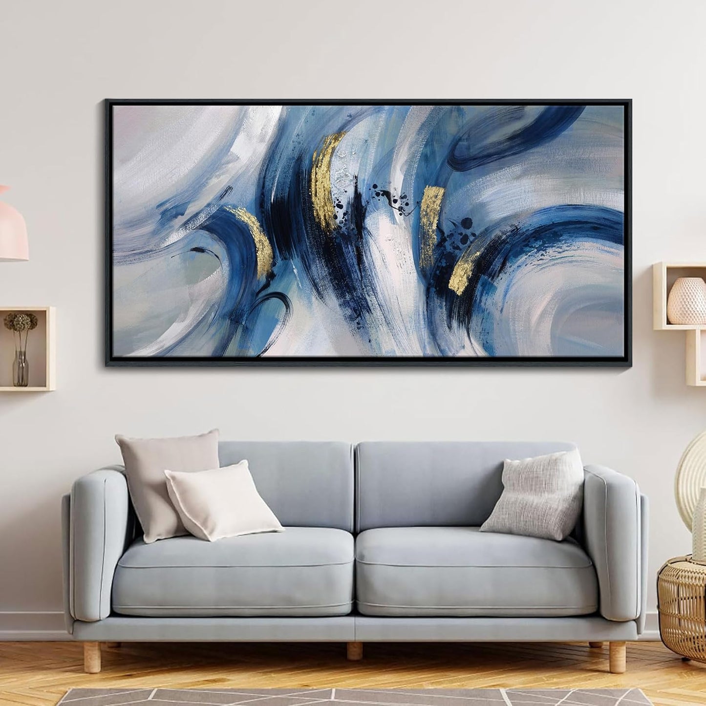 Abstract Line Art Framed Canvas - Modern Blue and Grey, Large 24x48 Inches, Minimalist Bedroom & Living Room Art, Ready to Hang