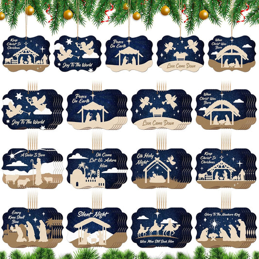Soaoo 60 Pcs Nativity Scene Christmas Tree Ornament Christian Religious Ornaments Bulk Round Nativity Xmas Tree Hanging Wooden Decorations for Garden Yard Outdoor Home (Square Style)