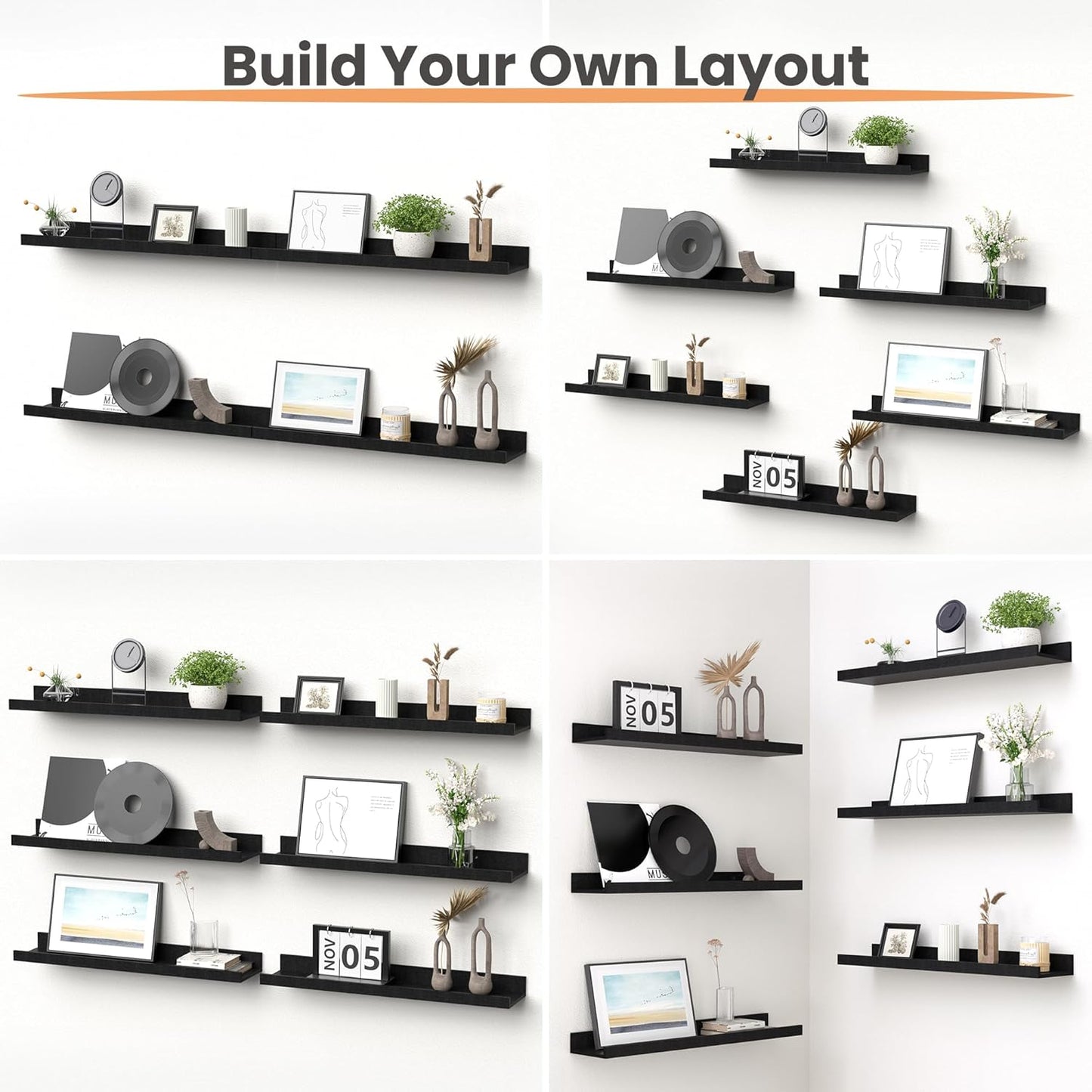 upsimples Floating Shelves for Wall, Wall Shelves for Decor Storage Set of 6, Wall Mounted Wood Shelf for Bedroom, Living Room, Bathroom, Kitchen, 23.6 inch Long Picture Ledge Shelf, Black