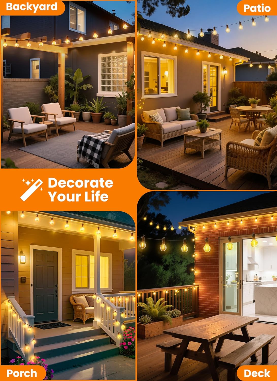 LED Outdoor String Lights, 25FT 12+1 Shatterproof Bulbs Outdoor Patio Lights, IP65 Waterproof Connectable Hanging Outside Light for Backyard, Porch, Deck, Balcony, 2200K