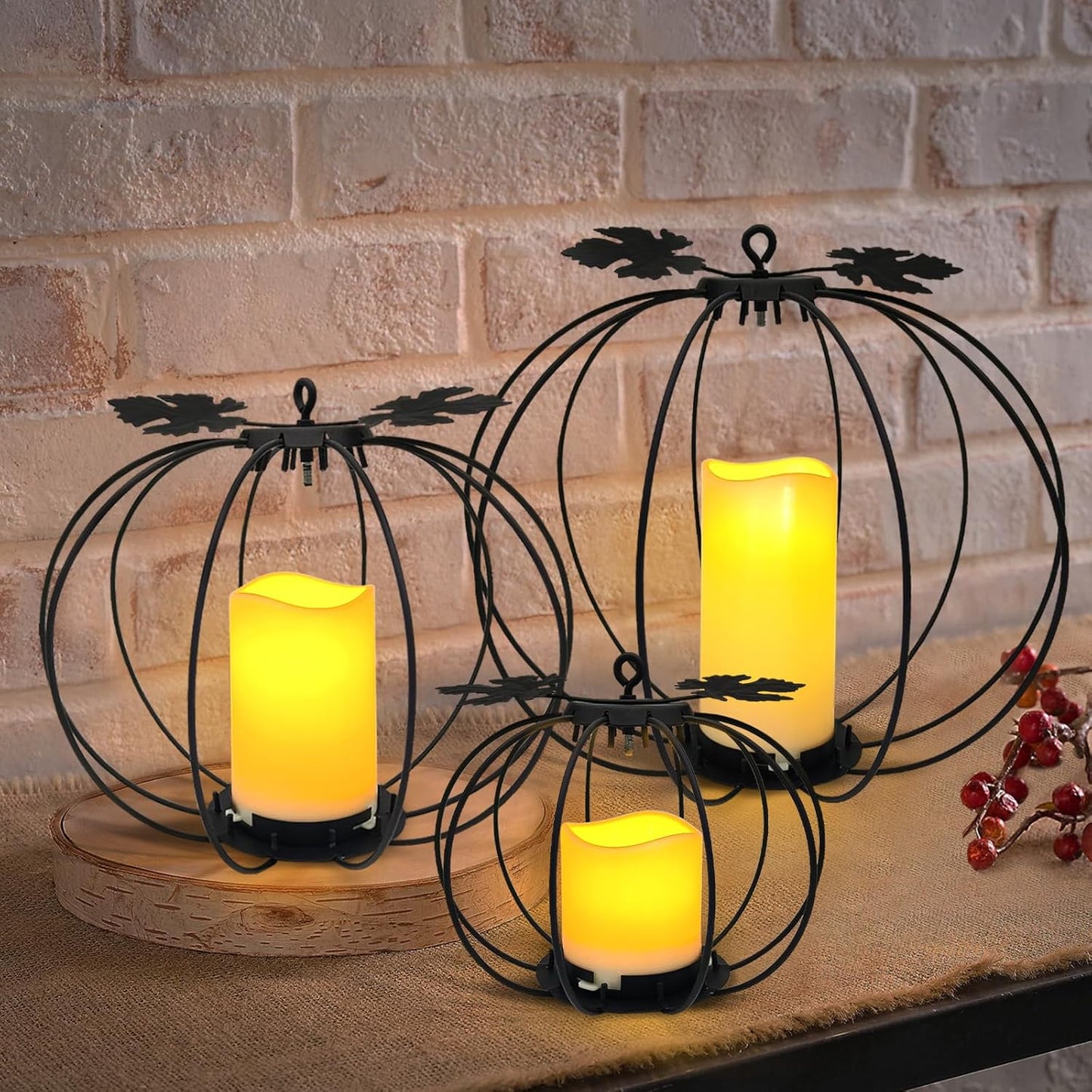 Halloween Metal Pumpkin Candle Holder, 3 Pcs Light up Black Pumpkin Lantern with LED Flickering Yellow Candle Lights Build in Timer for Thanksgiving Halloween Harvest Fall Home Decor