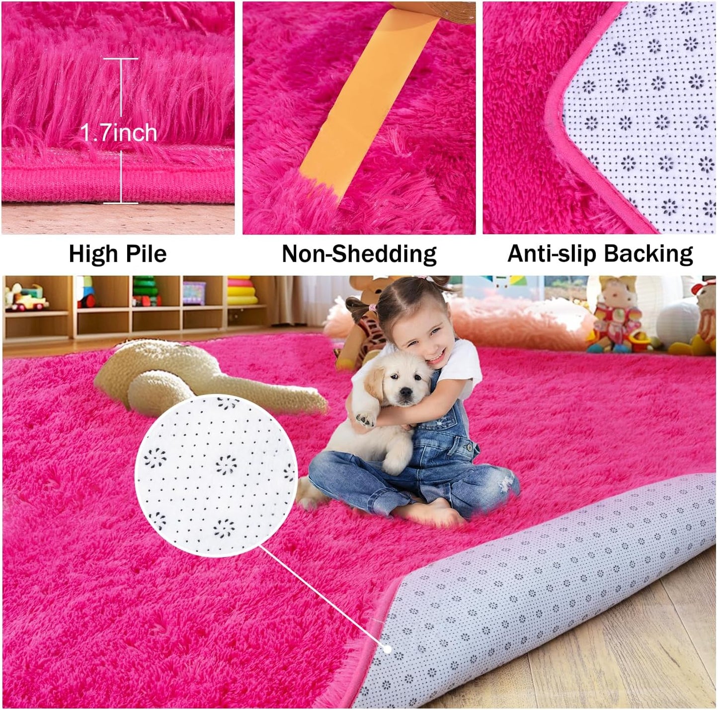Rezutan Soft Fluffy Rug for Girls Bedroom 2x3 Feet Hot Pink, Fluffy Shag Area Rugs for Living Room Nursery, Fuzzy Cute Bedside Rug for Kids Room Baby Princess Room, Modern Indoor Comfy Plush Carpet